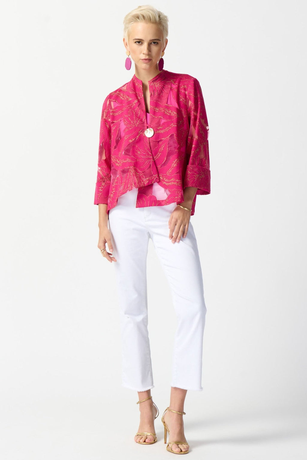 Joseph Ribkoff 242219 Pink Gold Jacquard Tropical Print Swing Jacket - Dotique