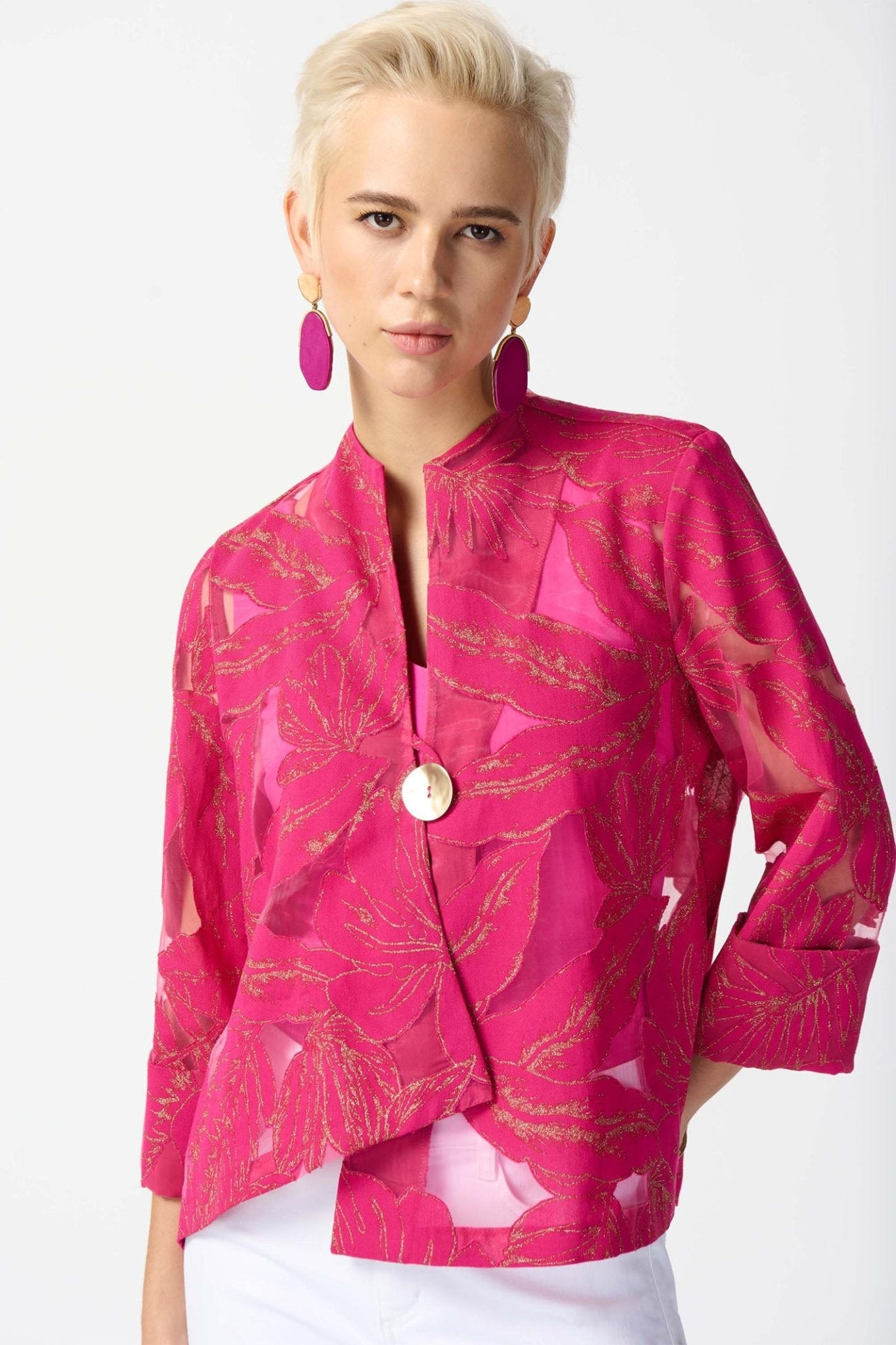 Joseph Ribkoff 242219 Pink Gold Jacquard Tropical Print Swing Jacket - Dotique