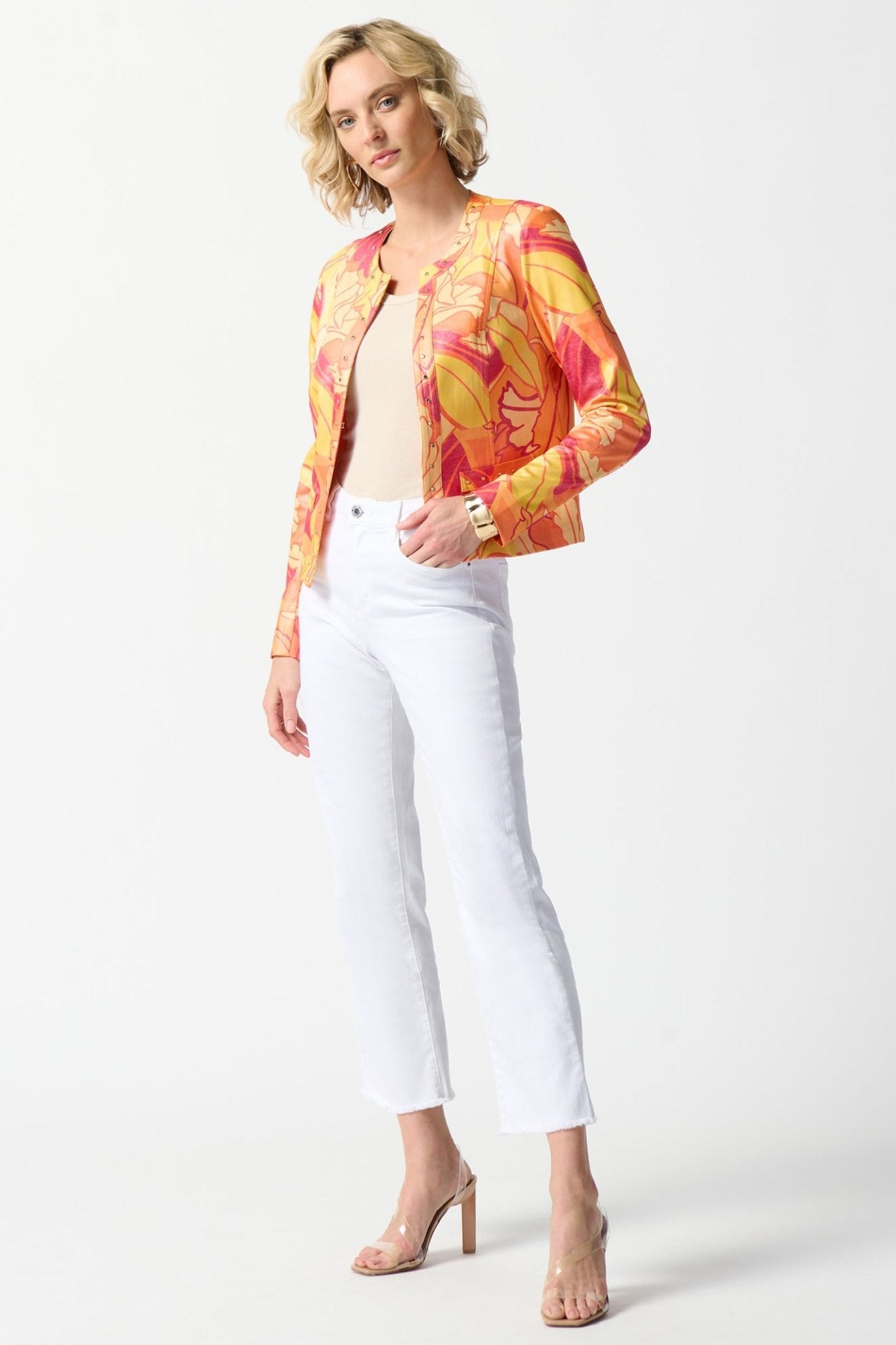 Joseph Ribkoff 242916 Orange Foiled Suede Floral Print Fitted Jacket - Dotique