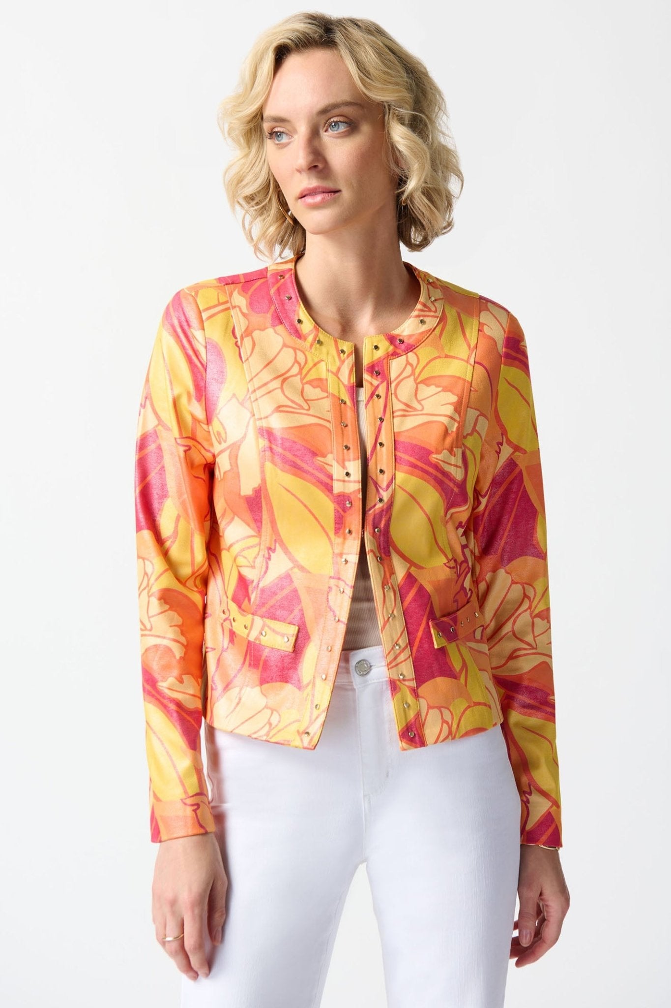 Joseph Ribkoff 242916 Orange Foiled Suede Floral Print Fitted Jacket - Dotique