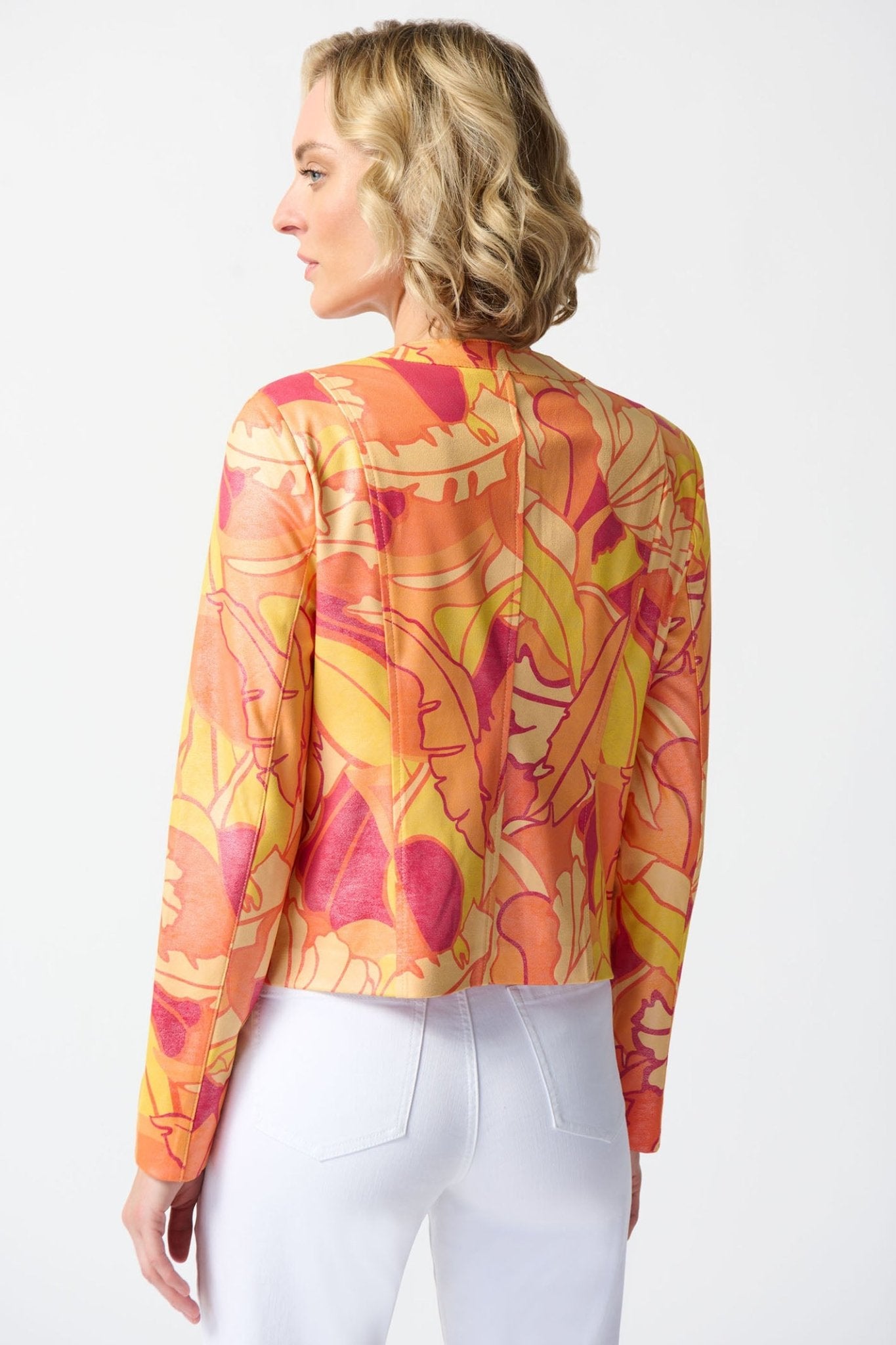 Joseph Ribkoff 242916 Orange Foiled Suede Floral Print Fitted Jacket - Dotique