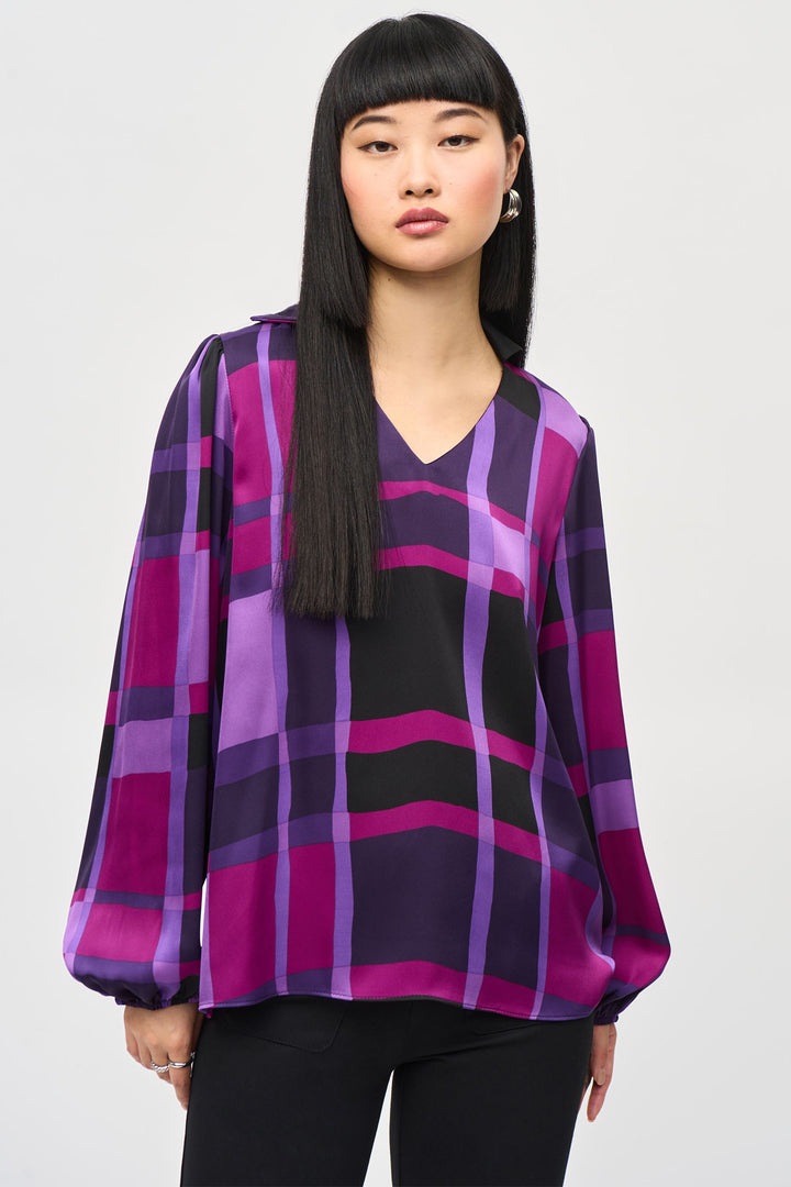 Joseph Ribkoff 243058 Purple Black (333) Satin Abstract Plaid Print Top - Dotique