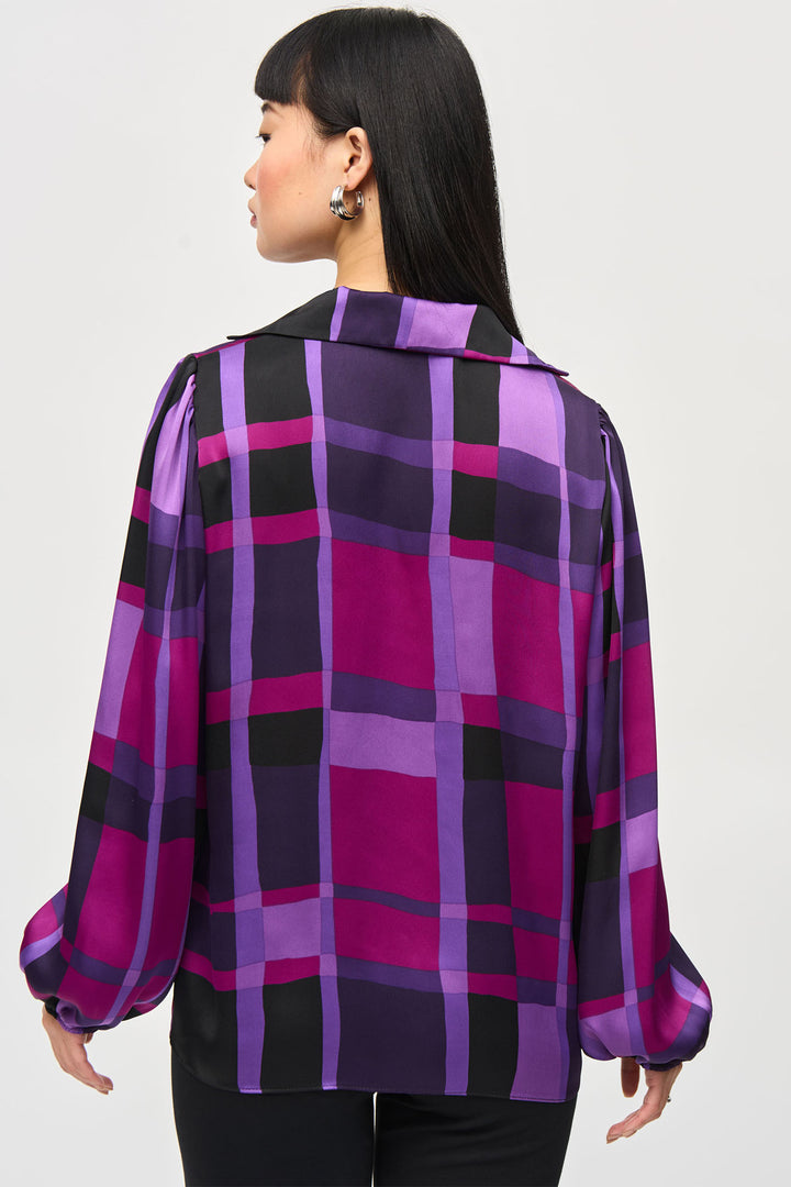 Joseph Ribkoff 243058 Purple Black (333) Satin Abstract Plaid Print Top - Dotique