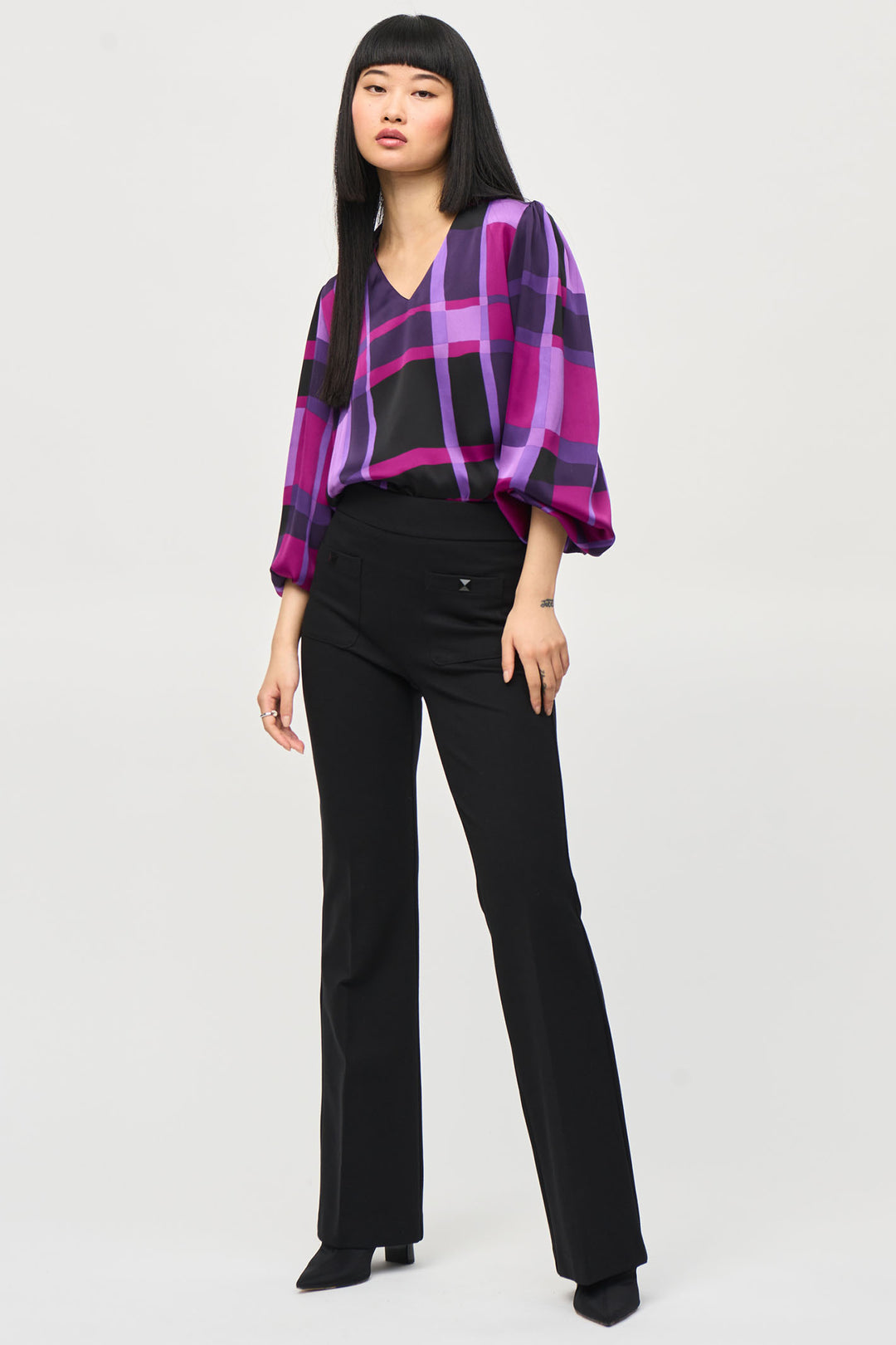 Joseph Ribkoff 243058 Purple Black (333) Satin Abstract Plaid Print Top - Dotique