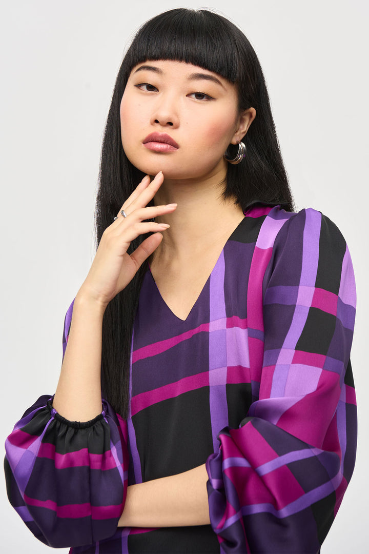 Joseph Ribkoff 243058 Purple Black (333) Satin Abstract Plaid Print Top - Dotique