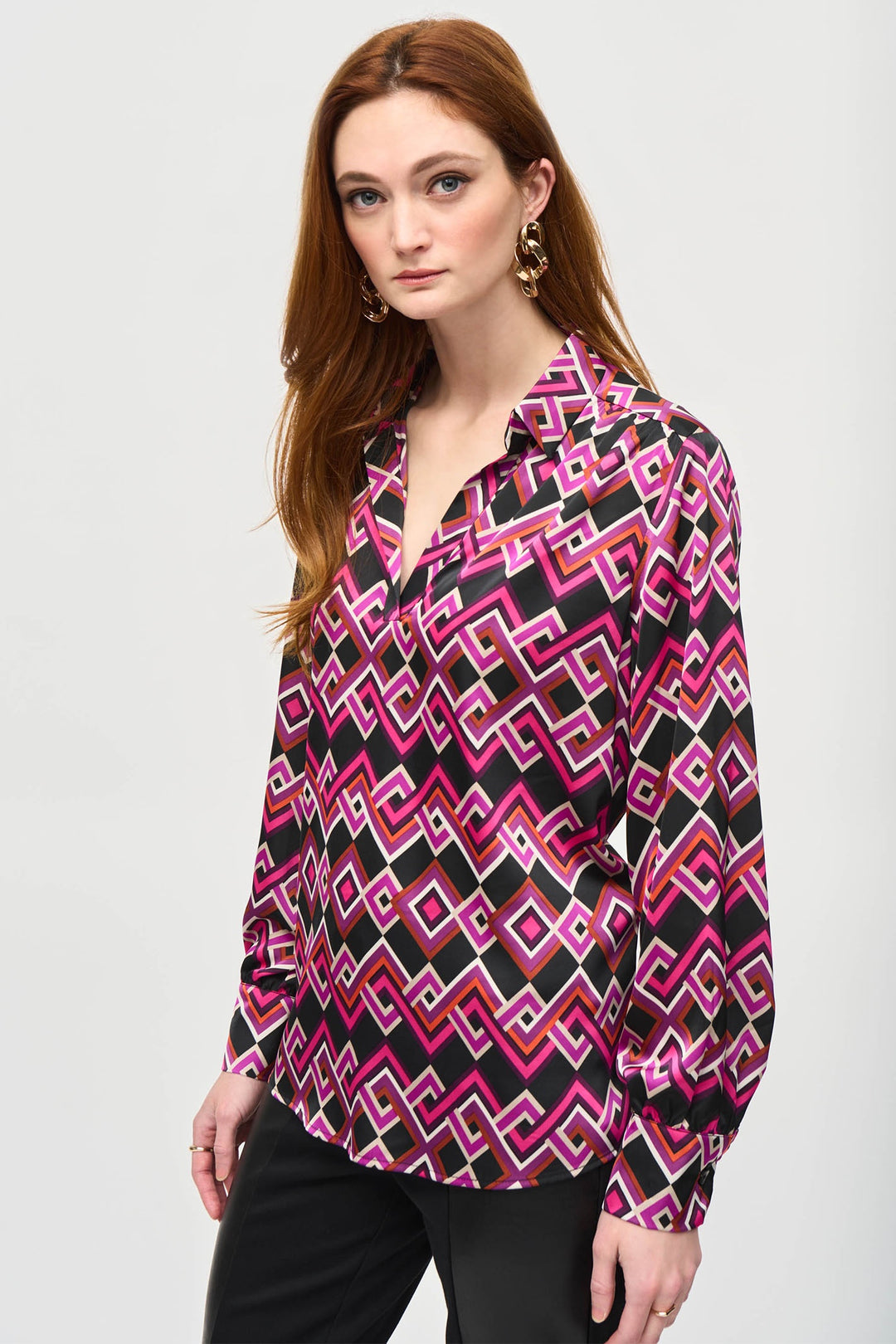 Joseph Ribkoff 243166 Pink Black (178) Satin Geometric Print Top - Dotique