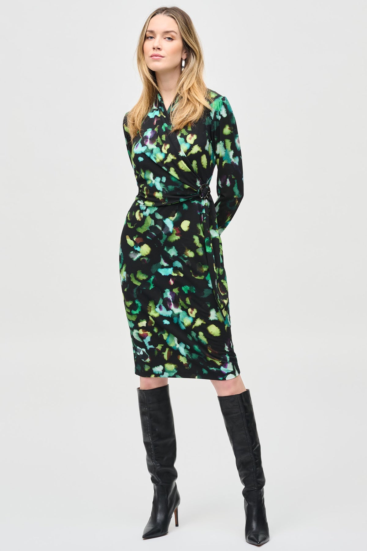 Joseph Ribkoff 243321 Green Black (189) Jersey Abstract Print Wrap Dress worn by model. Shop Joseph Ribkoff at Dotique.