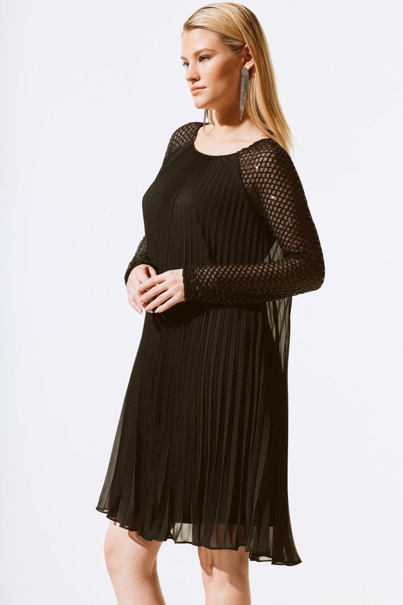 Joseph Ribkoff 243778 Black (11) Pleated Chiffon Dress With Sequins - Dotique - Joseph Ribkoff