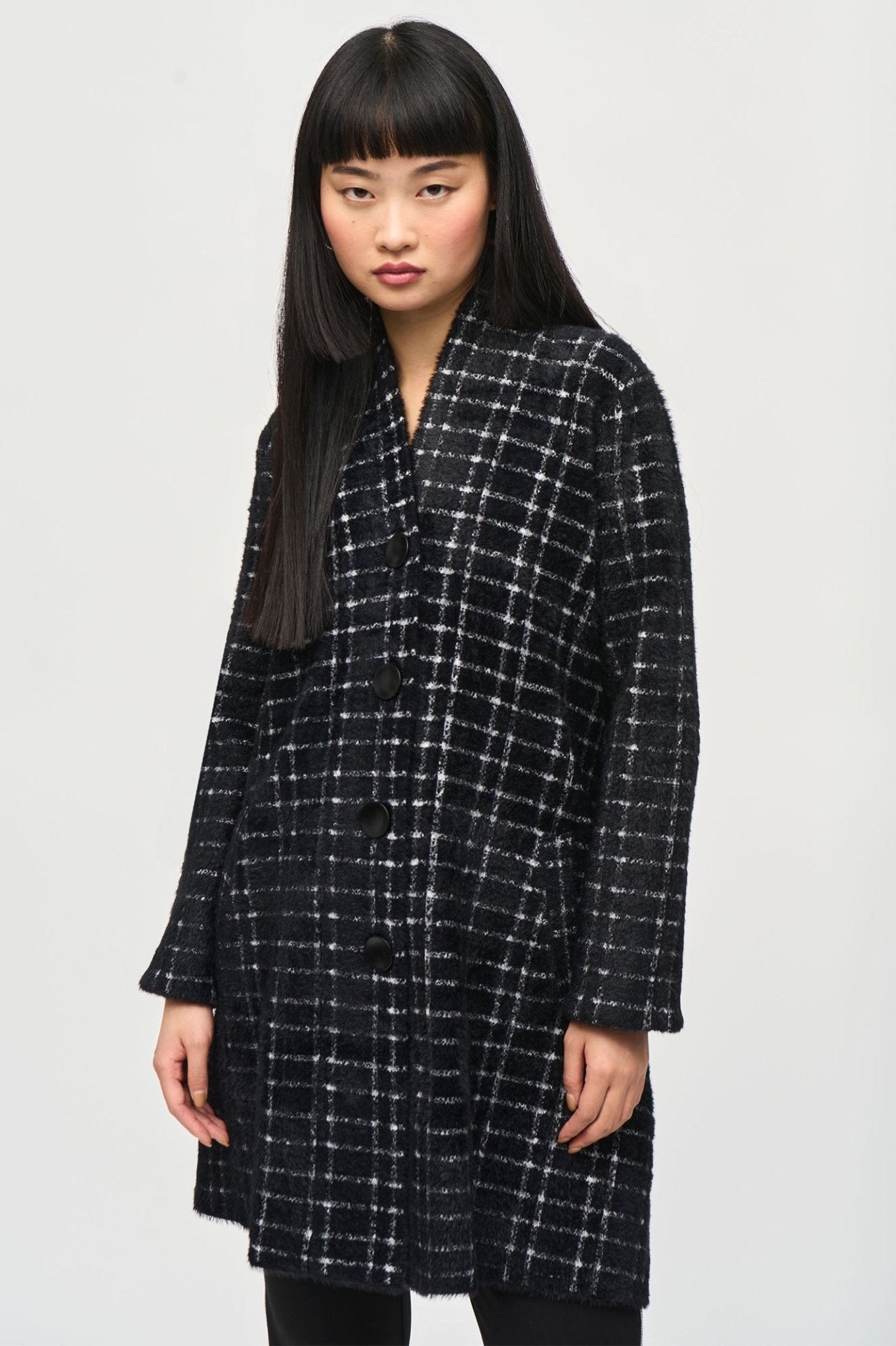 Joseph Ribkoff 243924 Black White Plaid Feather Yarn Sweater Coat - Dotique - Joseph Ribkoff
