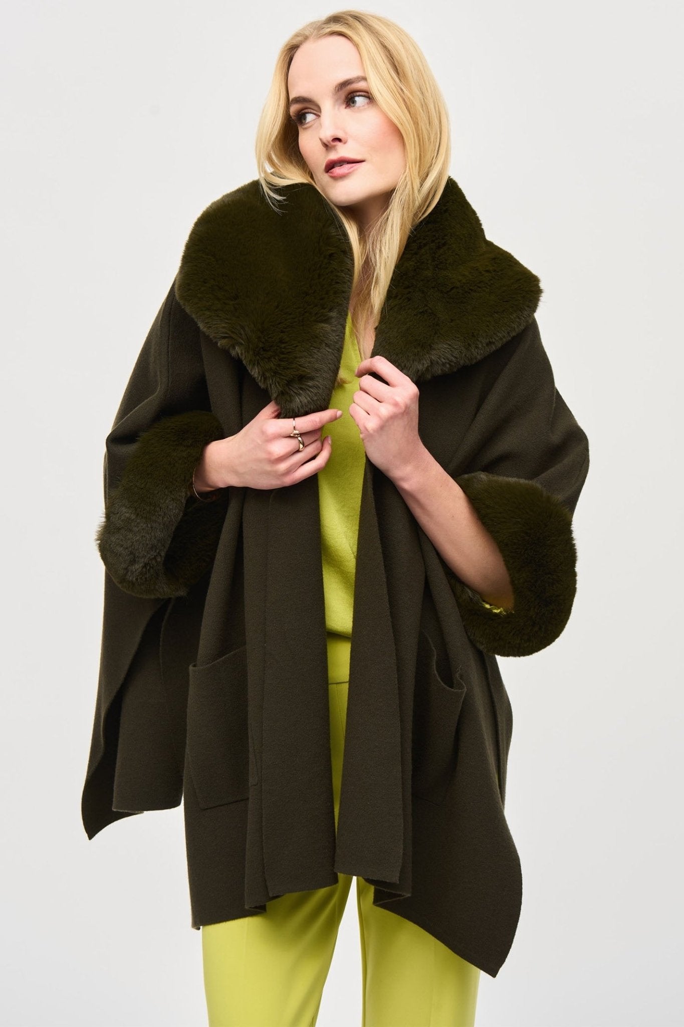Joseph Ribkoff 243930 Khaki (4768) Brushed Jacquard and Faux Fur Cape - Dotique - Joseph Ribkoff