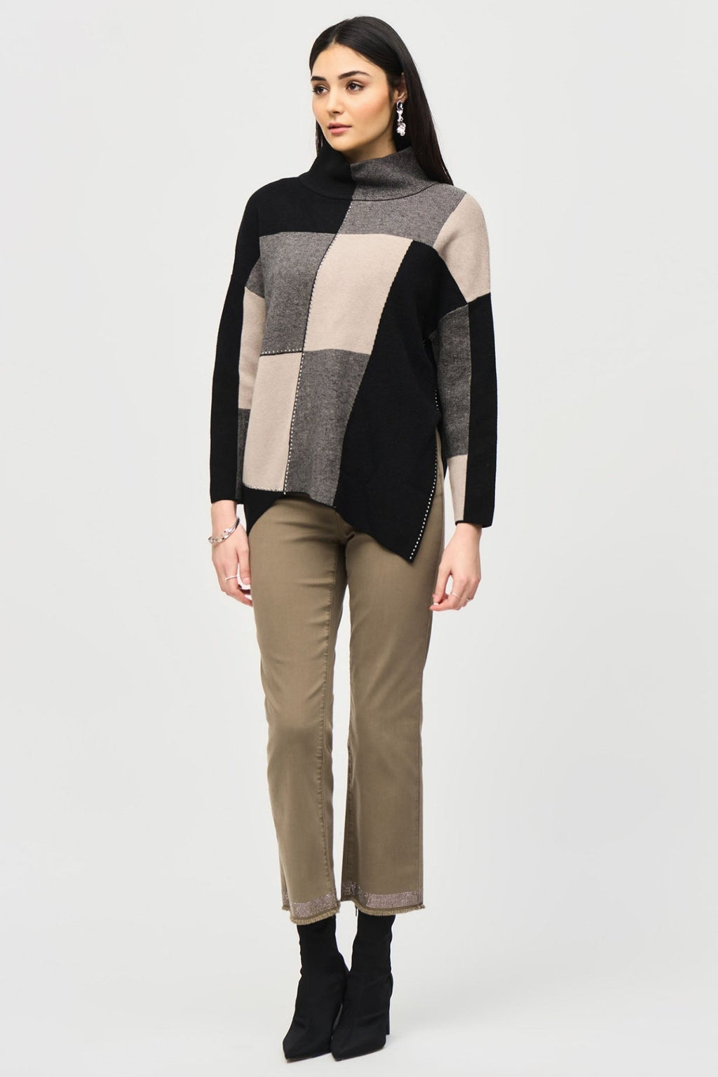 Joseph Ribkoff 243944 Taupe/Black (4354) Block Jacquard Knit Pullover - Dotique