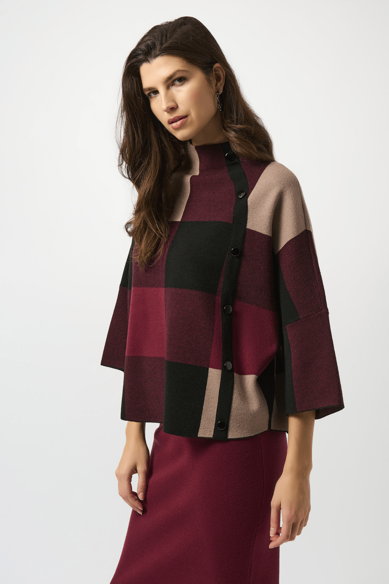 Joseph Ribkoff merlot plaid jacquard knit top with funnel neck – Dotique