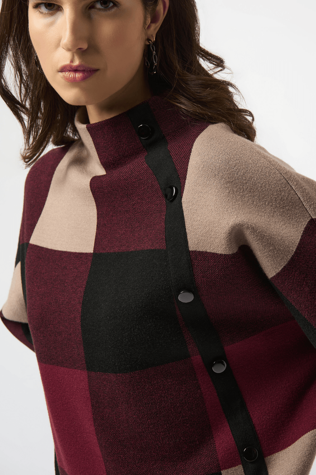 Joseph Ribkoff merlot plaid jacquard knit top with funnel neck – Dotique