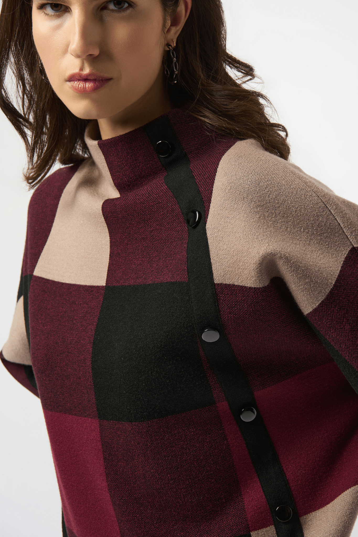 Joseph Ribkoff merlot plaid jacquard knit top with funnel neck – Dotique