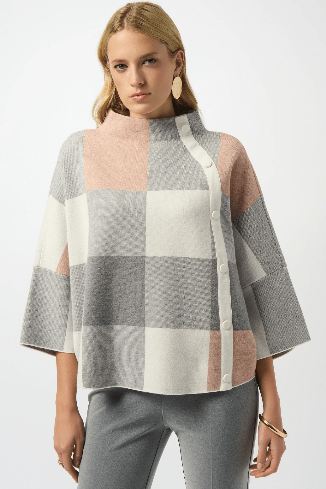 Joseph Ribkoff rose plaid jacquard knit top with funnel neck – Dotique