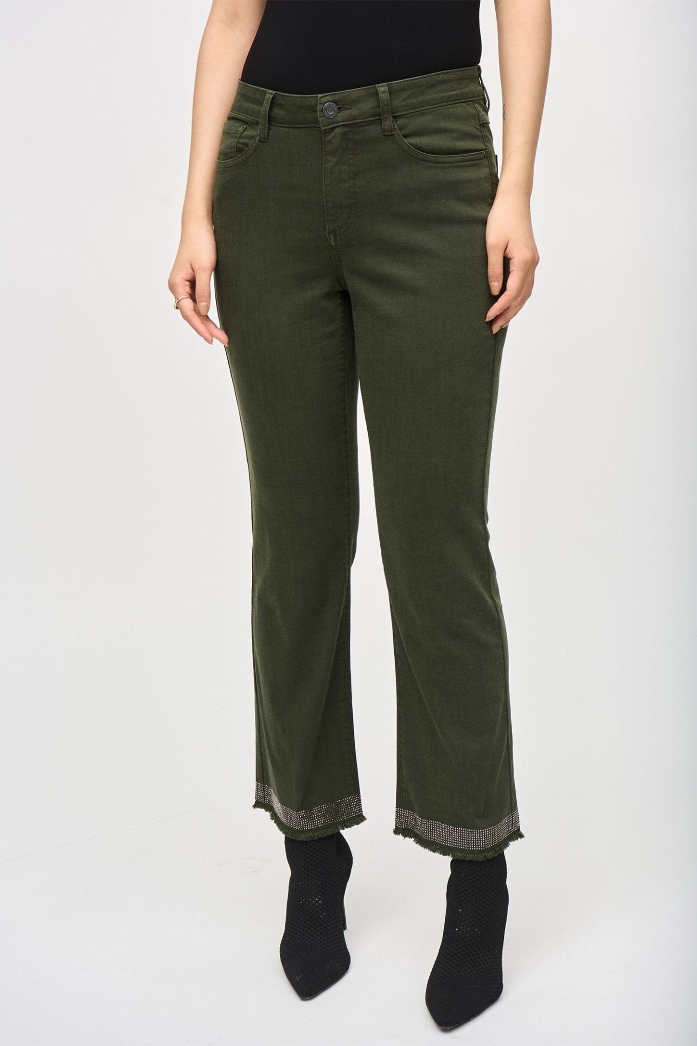 Joseph Ribkoff 243964 Iguana Green (4276) Denim Straight Jeans With Frayed Hem - Dotique - Joseph Ribkoff