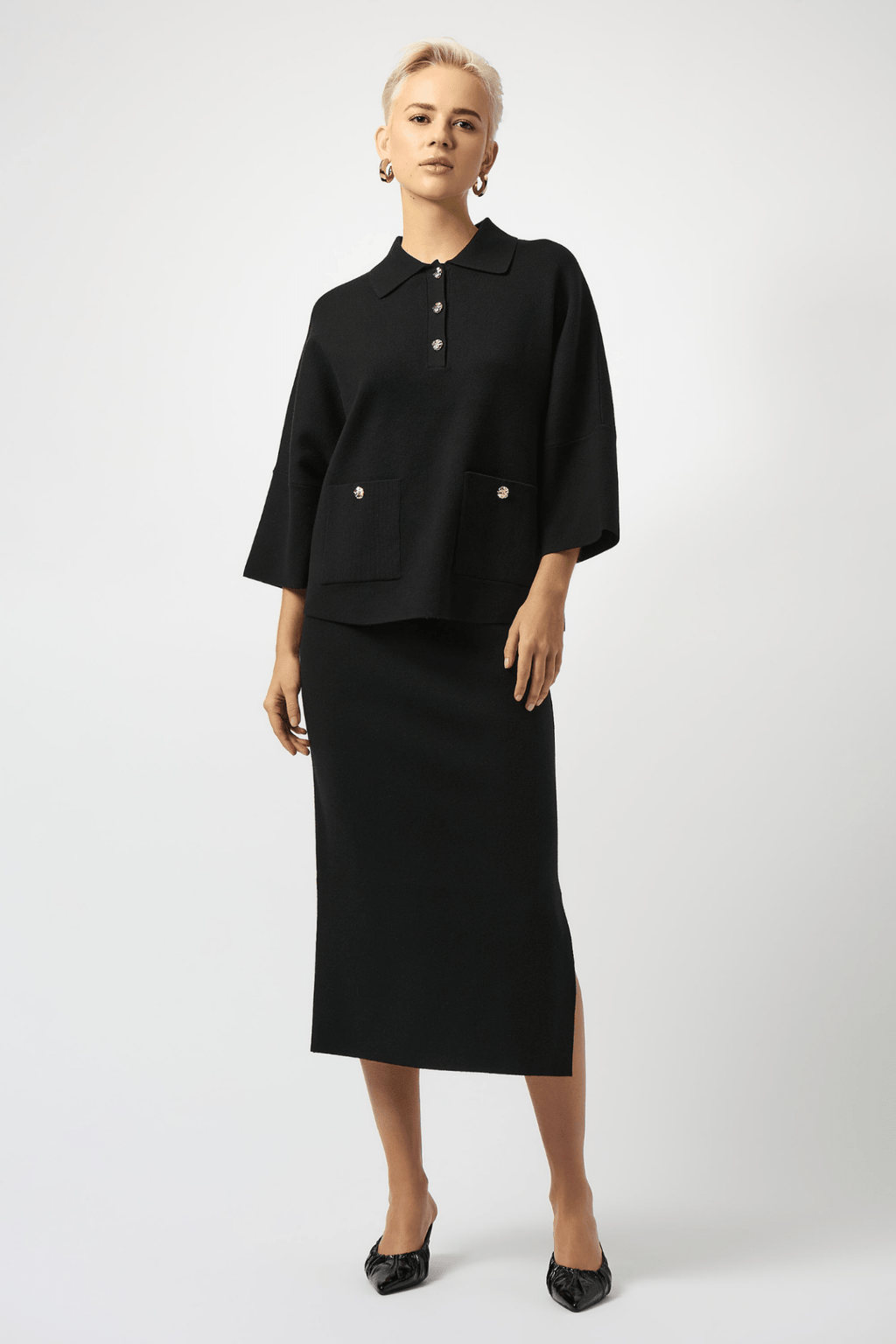 Joseph Ribkoff black knit midi skirt with side slit and elastic waist – Dotique