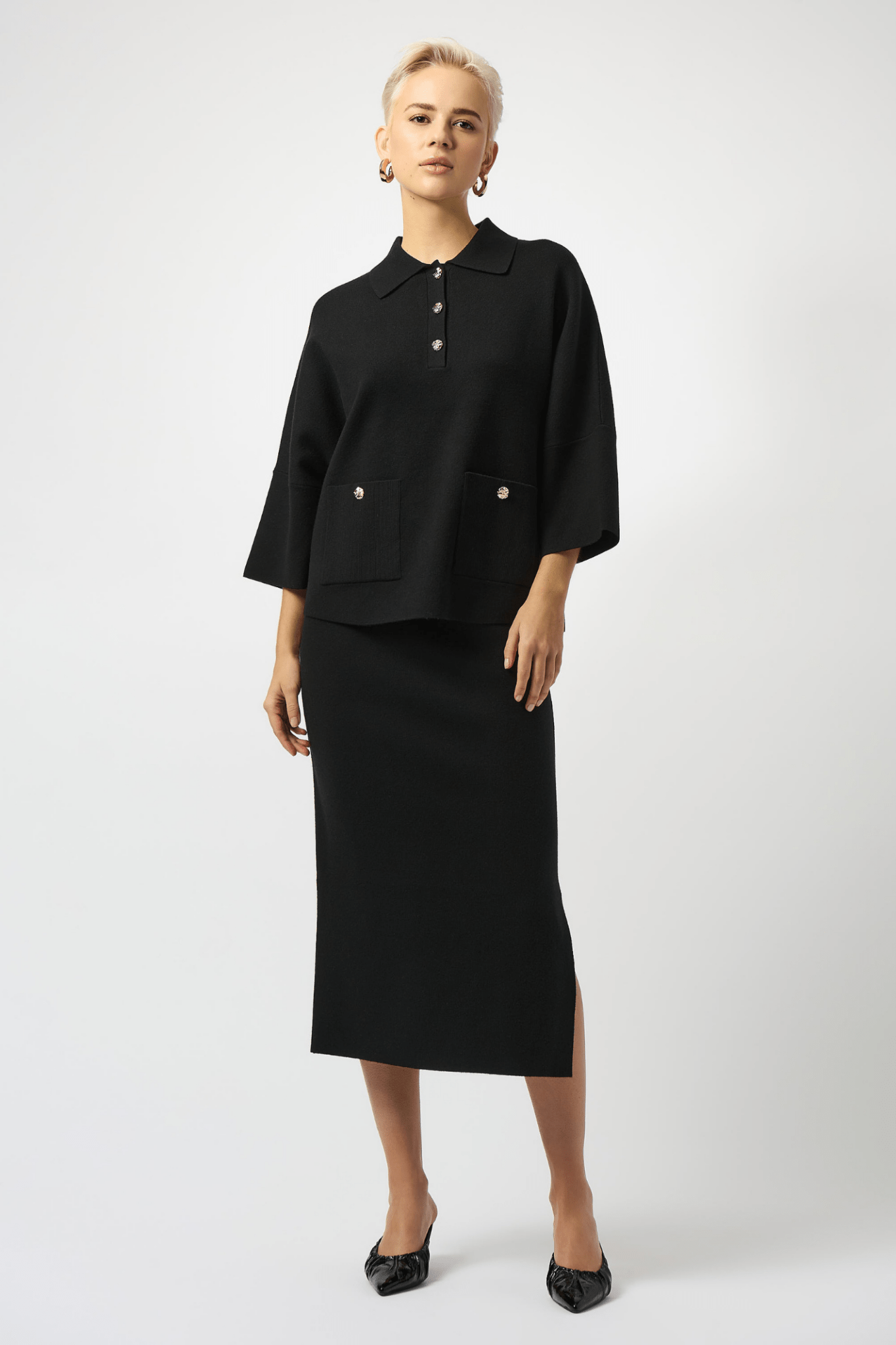 Joseph Ribkoff black knit midi skirt with side slit and elastic waist – Dotique