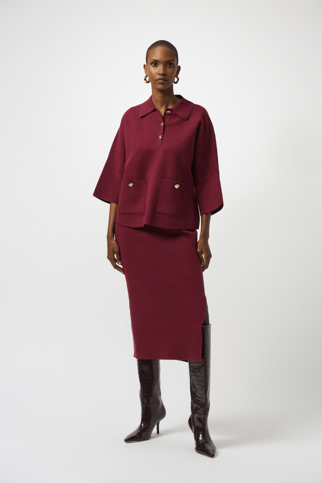 Joseph Ribkoff merlot knit midi skirt with elastic waist and slit – Dotique