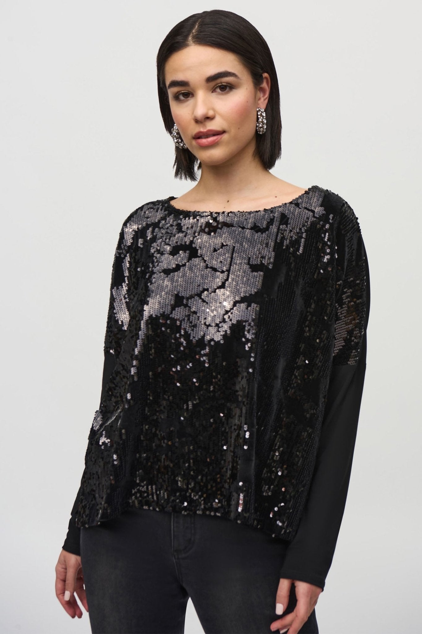 Joseph Ribkoff 244005 Black (11) Sequined Velvet Boxy Top - Dotique - Joseph Ribkoff