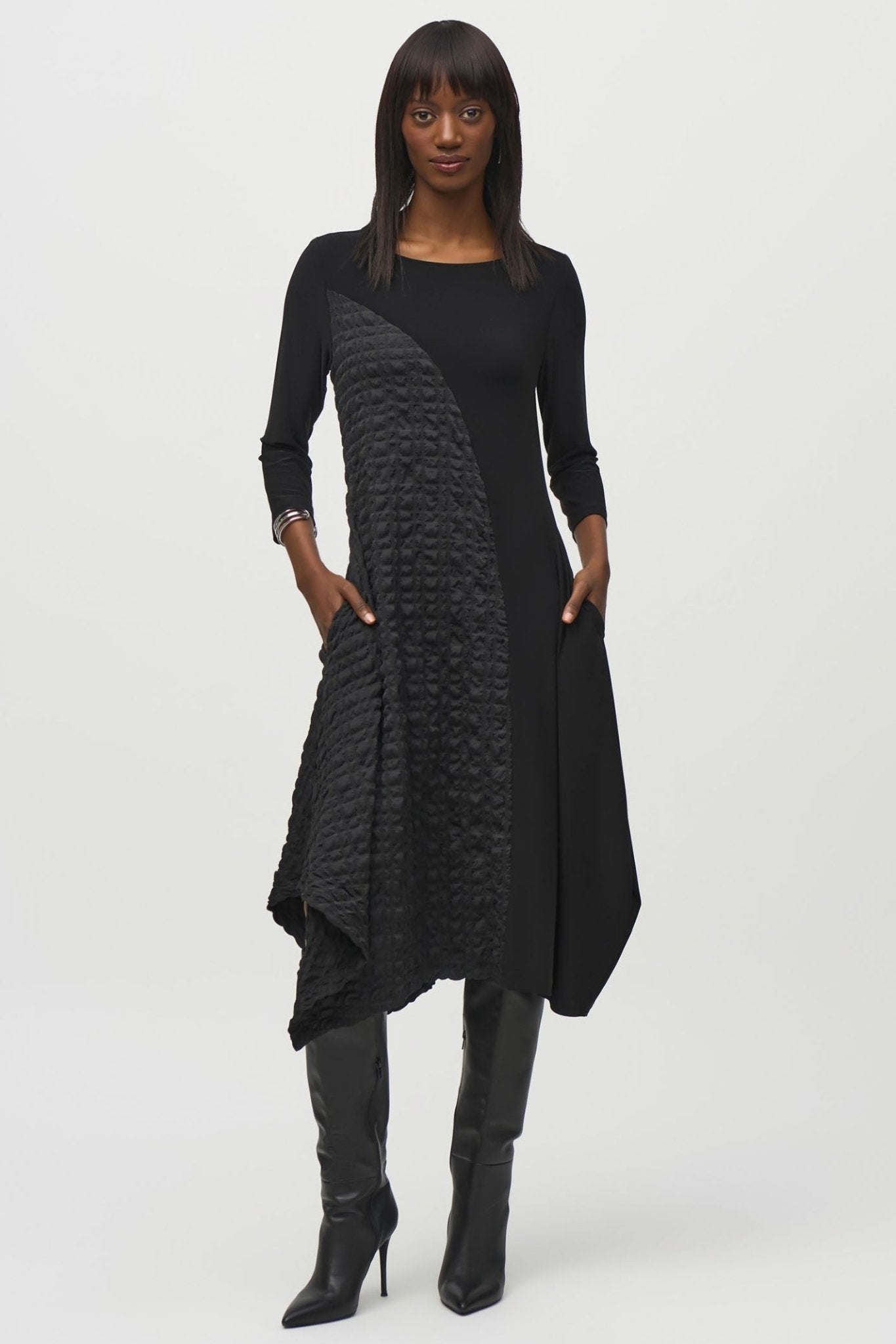 Joseph Ribkoff 244037 Black (11) Silky Knit And Jacquard Handkerchief Dress - Dotique - Joseph Ribkoff