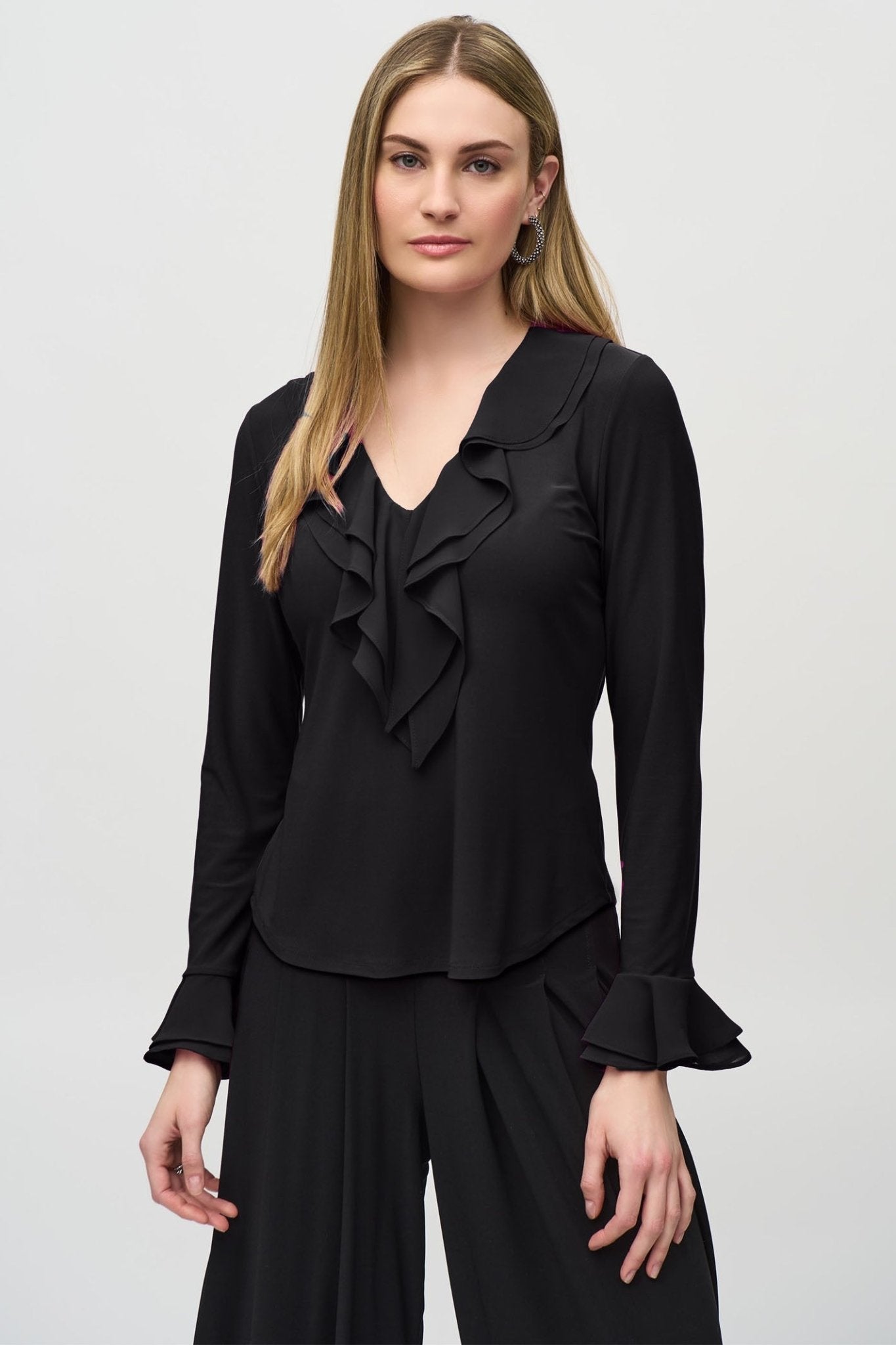 Joseph Ribkoff 244096 Black (11) Silky Knit And Chiffon Fitted Top - Dotique - Joseph Ribkoff