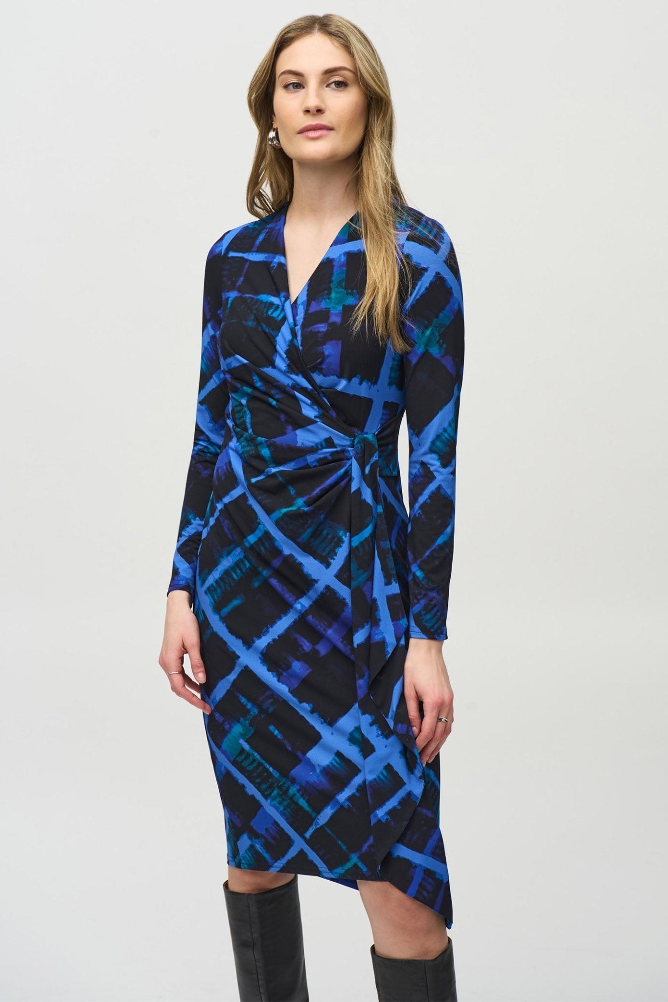 Joseph Ribkoff 244131 Black Blue (178) Silky Knit Abstract Print Wrap Dress - Dotique - Joseph Ribkoff