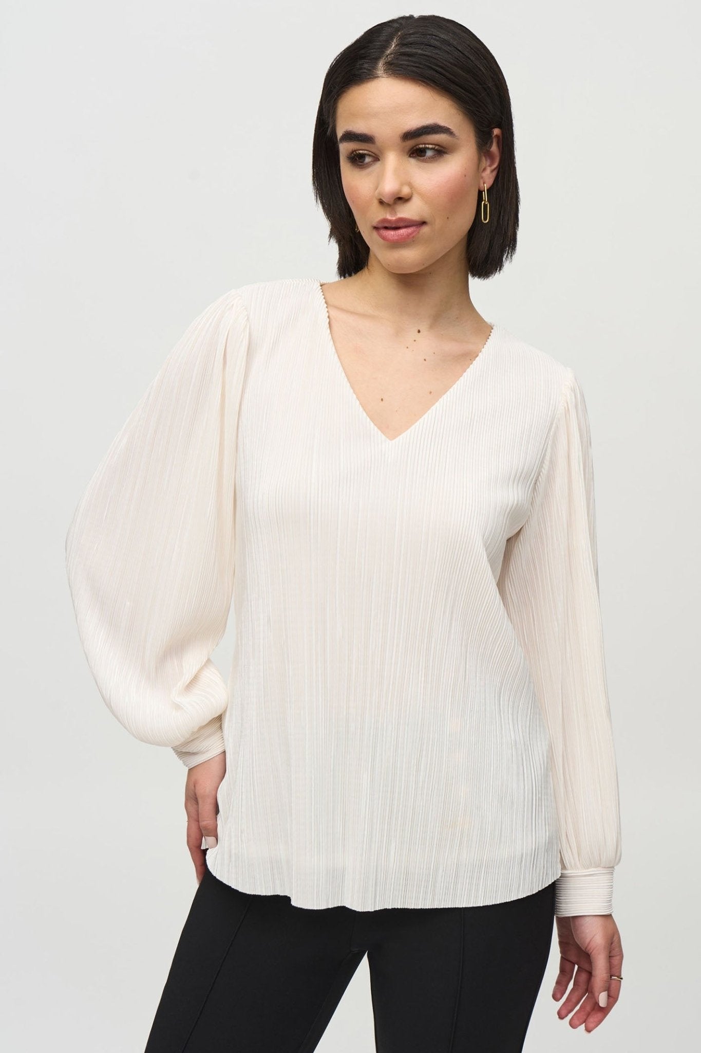 Joseph Ribkoff 244163 Off - White (34) Pleated Knit Boxy V - Neck Top - Dotique - Joseph Ribkoff