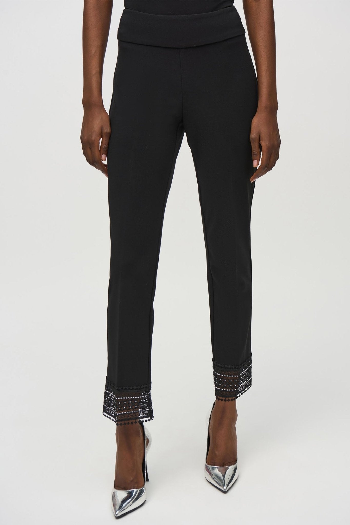 Joseph Ribkoff 244177 Black (11) Silky Knit Straight Trousers With Lace Detail - Dotique - Joseph Ribkoff