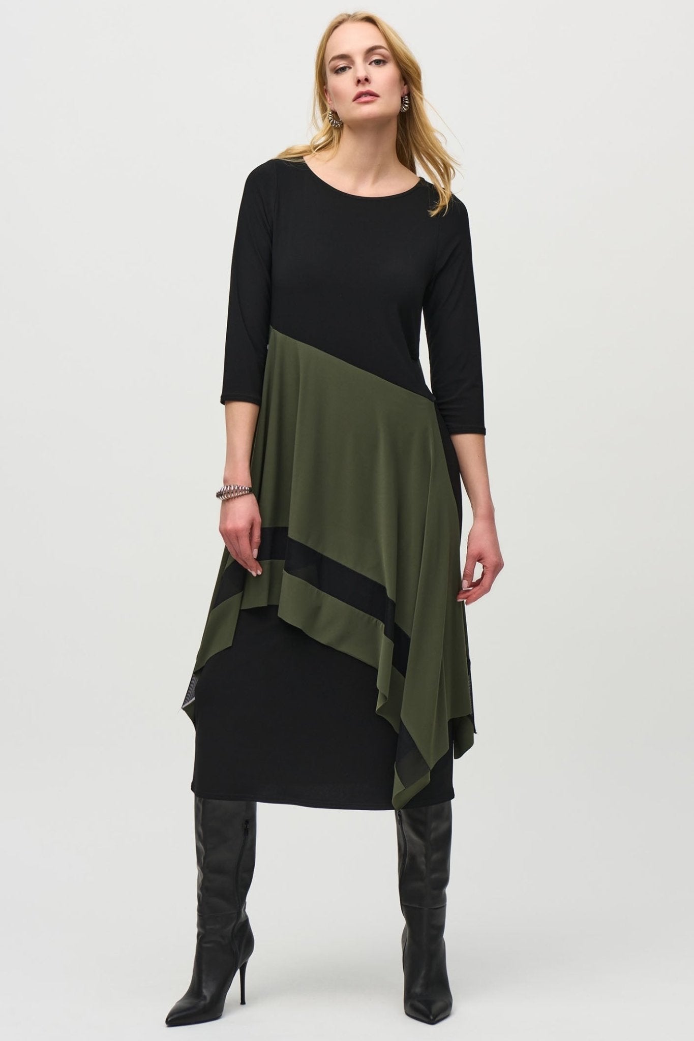 Joseph Ribkoff 244186 Black Iguana Green (4294) Silky Knit Colour Block Handkerchief Dress - Dotique - Joseph Ribkoff