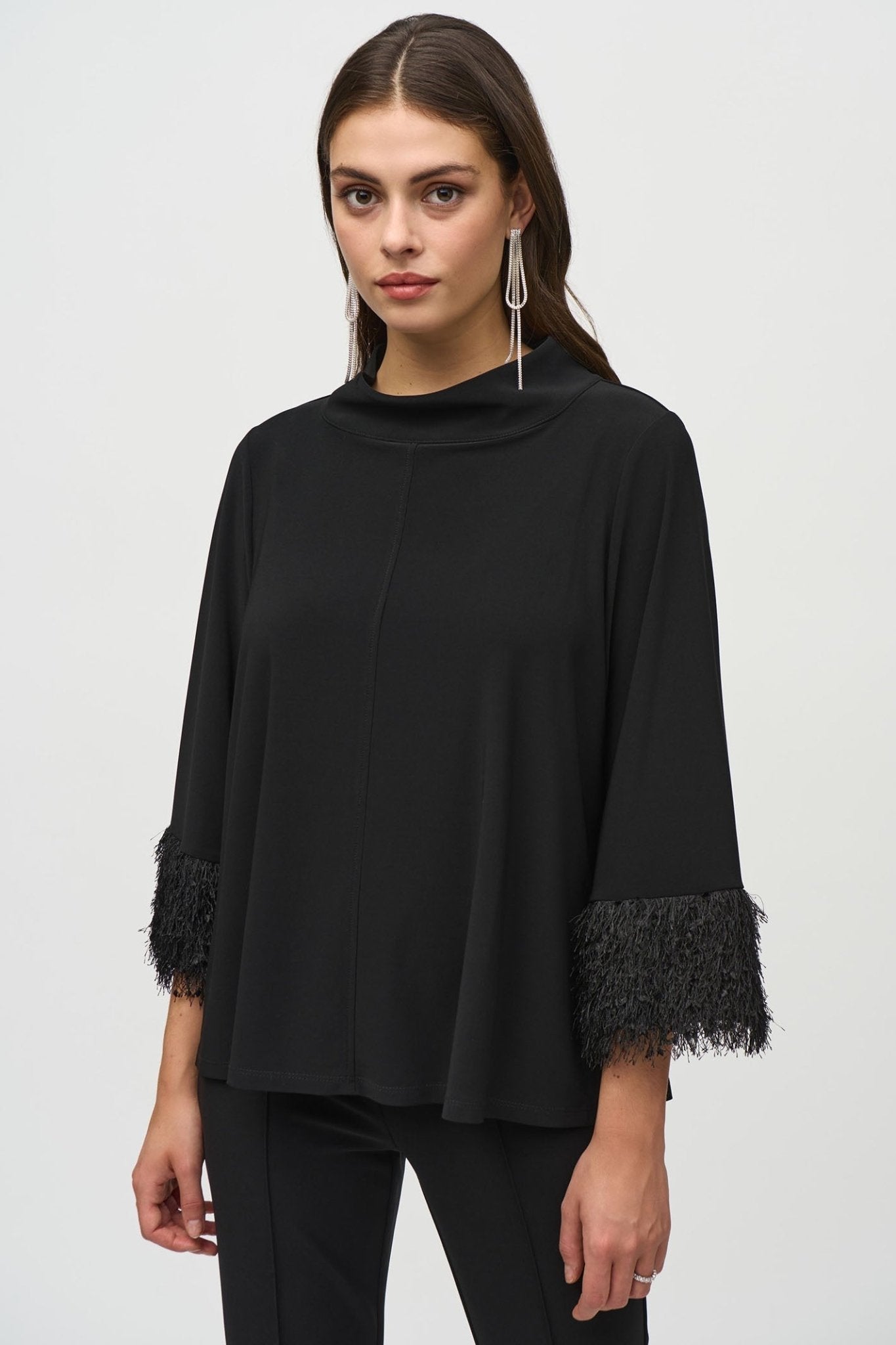 Joseph Ribkoff 244195 Black (11) Silky Knit Trapeze Top with Novelty Cuffs - Dotique - Joseph Ribkoff