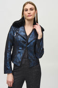 Joseph Ribkoff 244918 Blue Black (192) Foiled Suede Jacket with Faux - Fur Collar - Dotique - Joseph Ribkoff