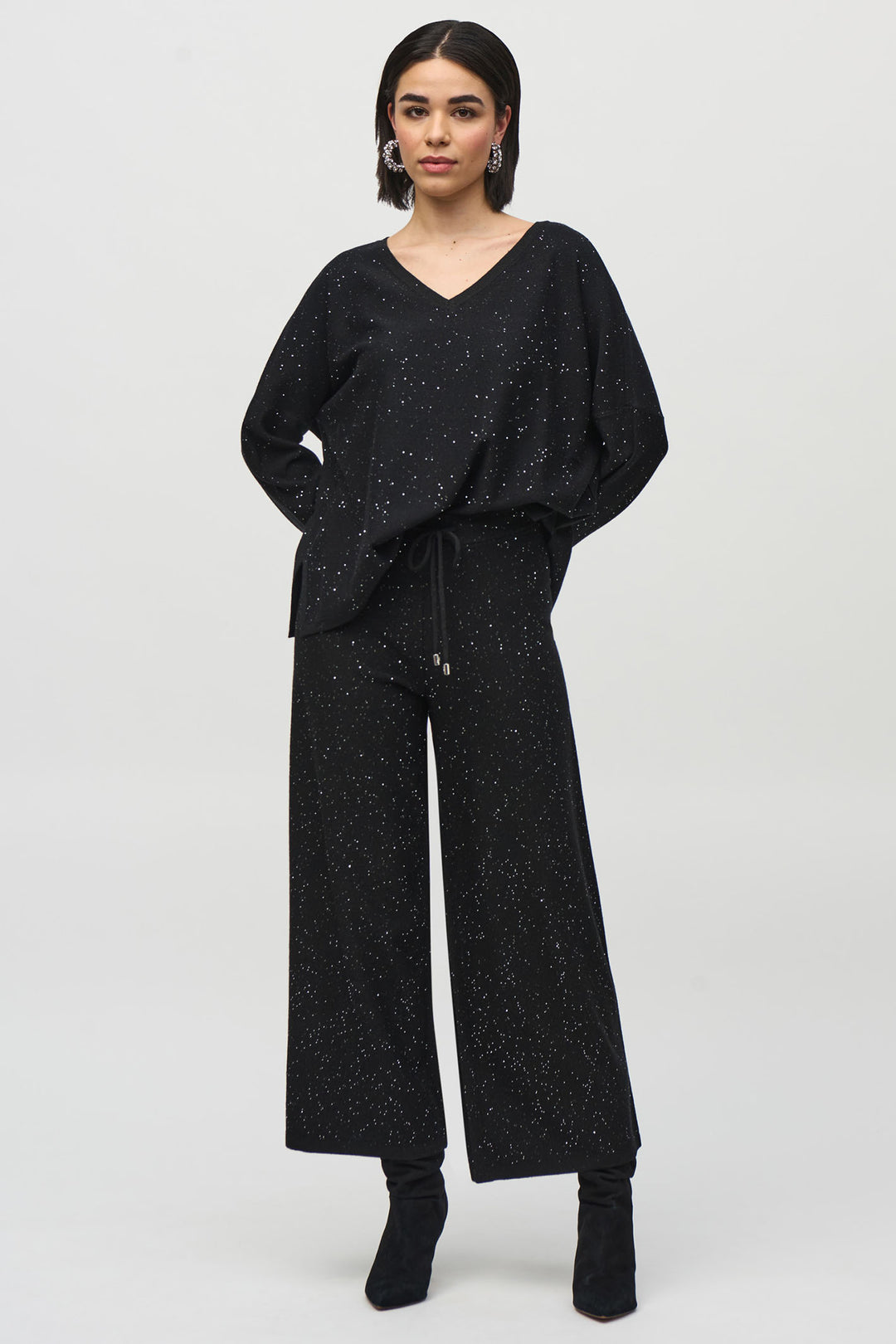 Joseph Ribkoff 244922 Black Sequined Sweater Knit Culotte Pants - Dotique