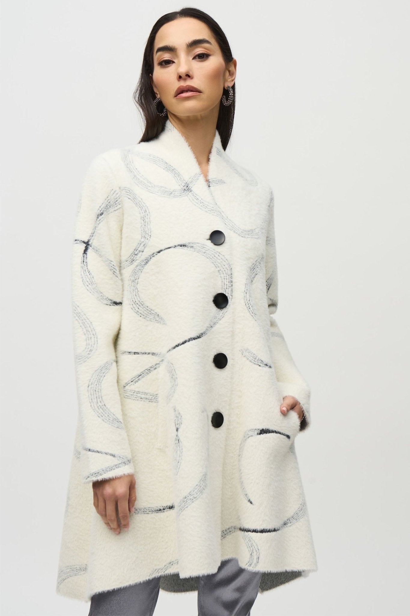 Joseph Ribkoff 244930 Vanilla Ivory Black Abstract Jacquard Sweater Coat - Dotique - Joseph Ribkoff