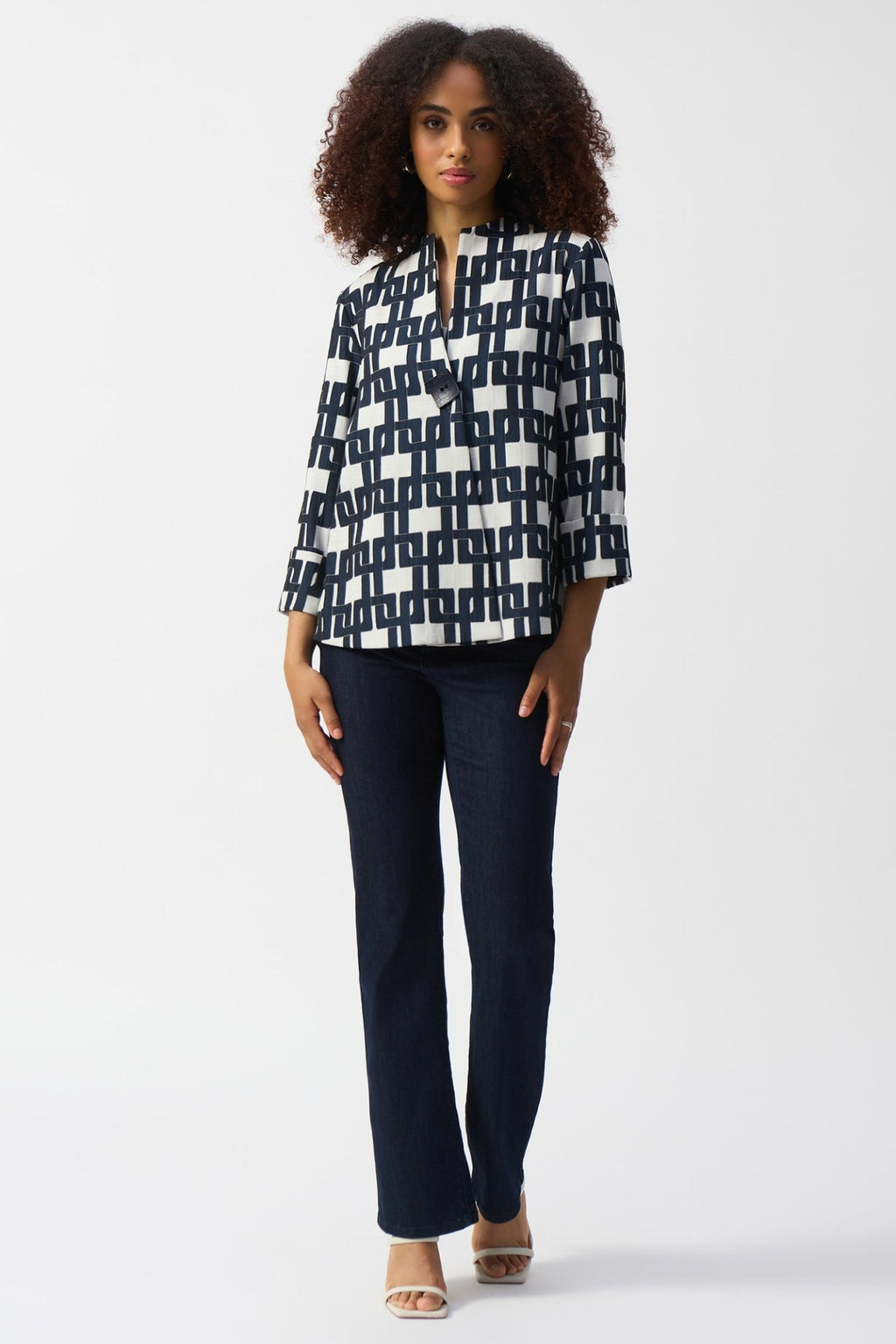 Joseph Ribkoff 251000 Off White & Navy Geometric Print Jacket - Dotique