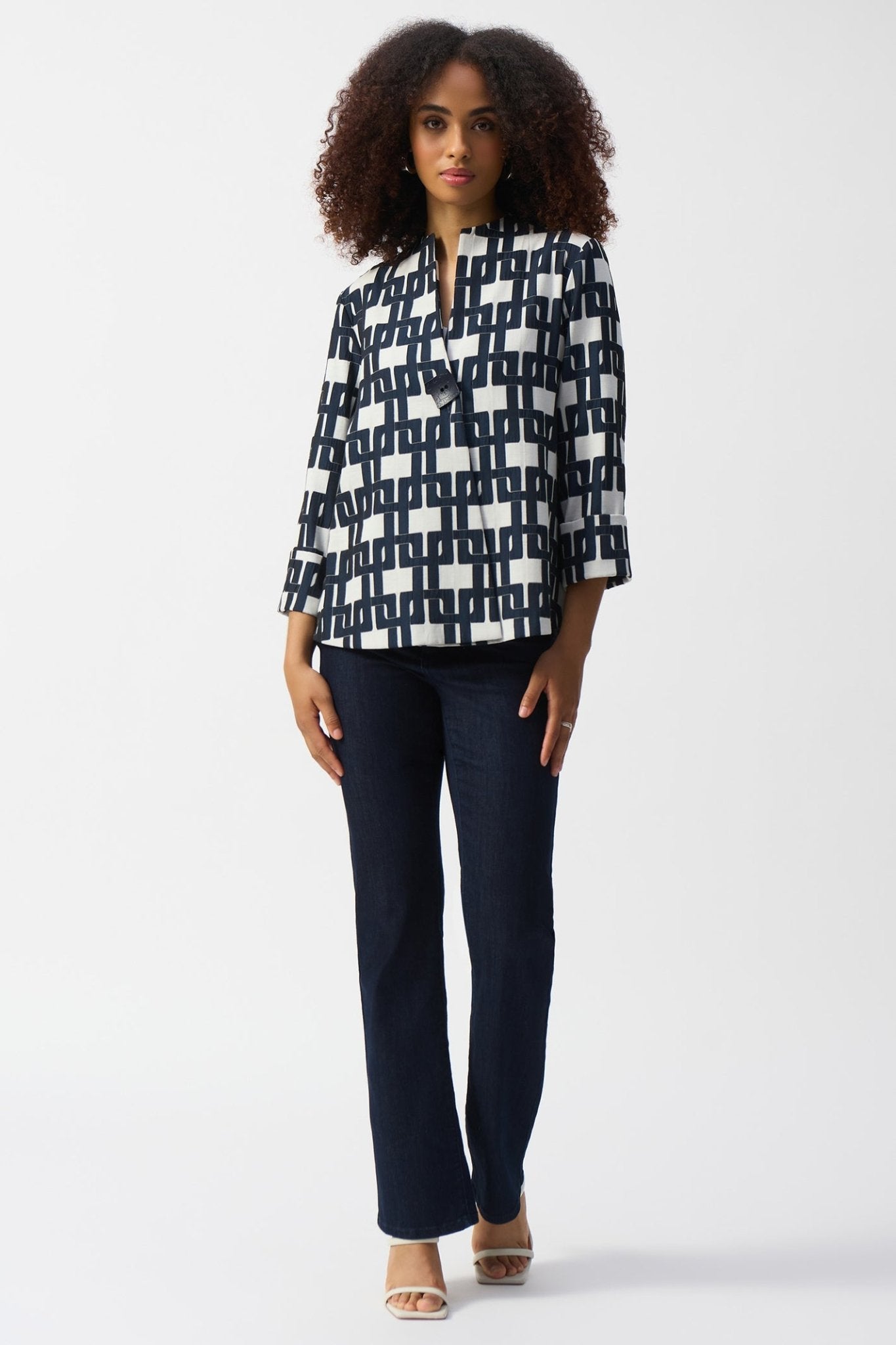 Joseph Ribkoff 251000 Off White & Navy Geometric Print Jacket - Dotique