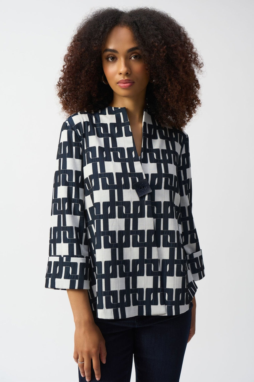 Joseph Ribkoff 251000 Off White & Navy Geometric Print Jacket - Dotique