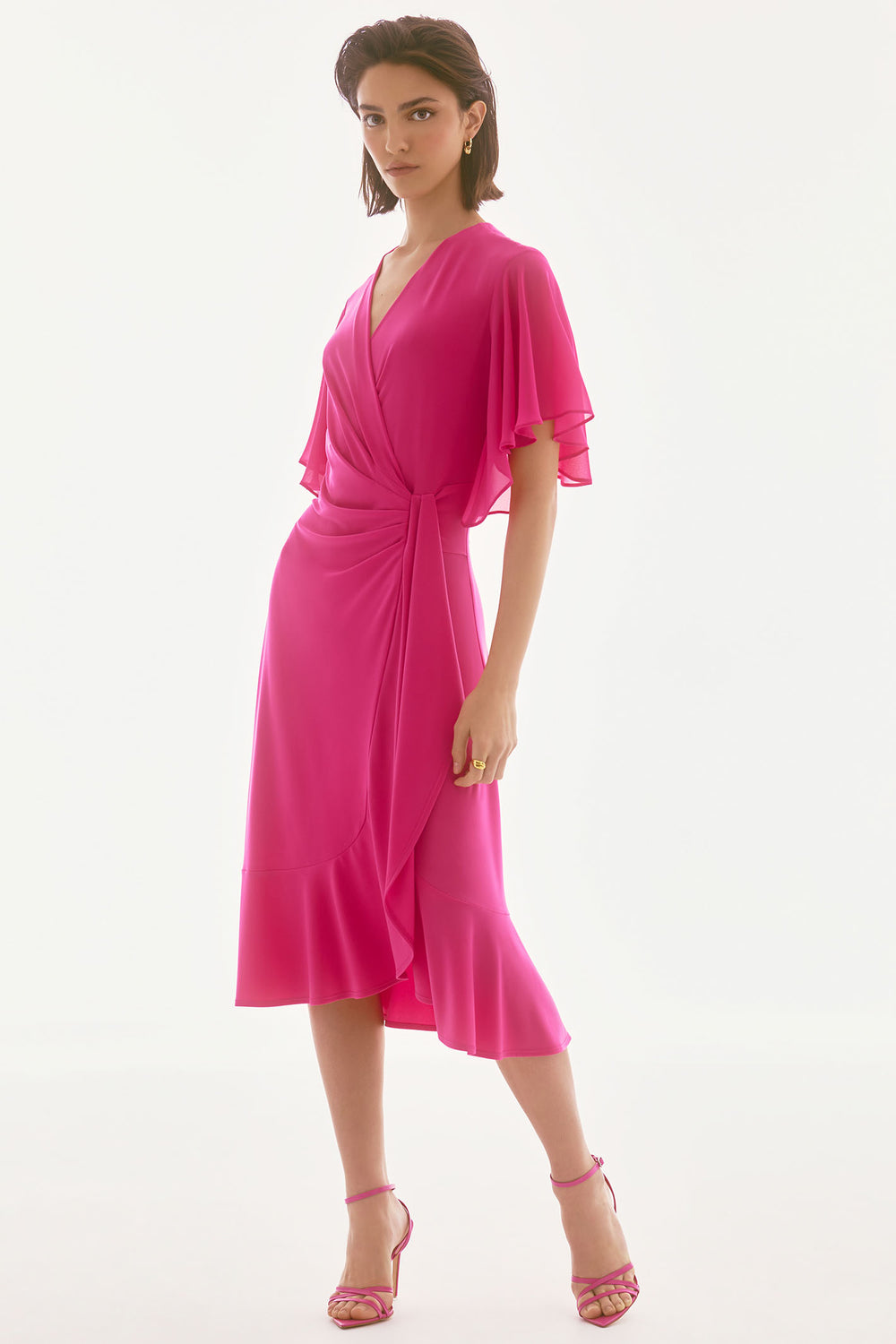 Joseph Ribkoff 251706 Geranium Pink Flutter Sleeve Faux Wrap Dress - Dotique