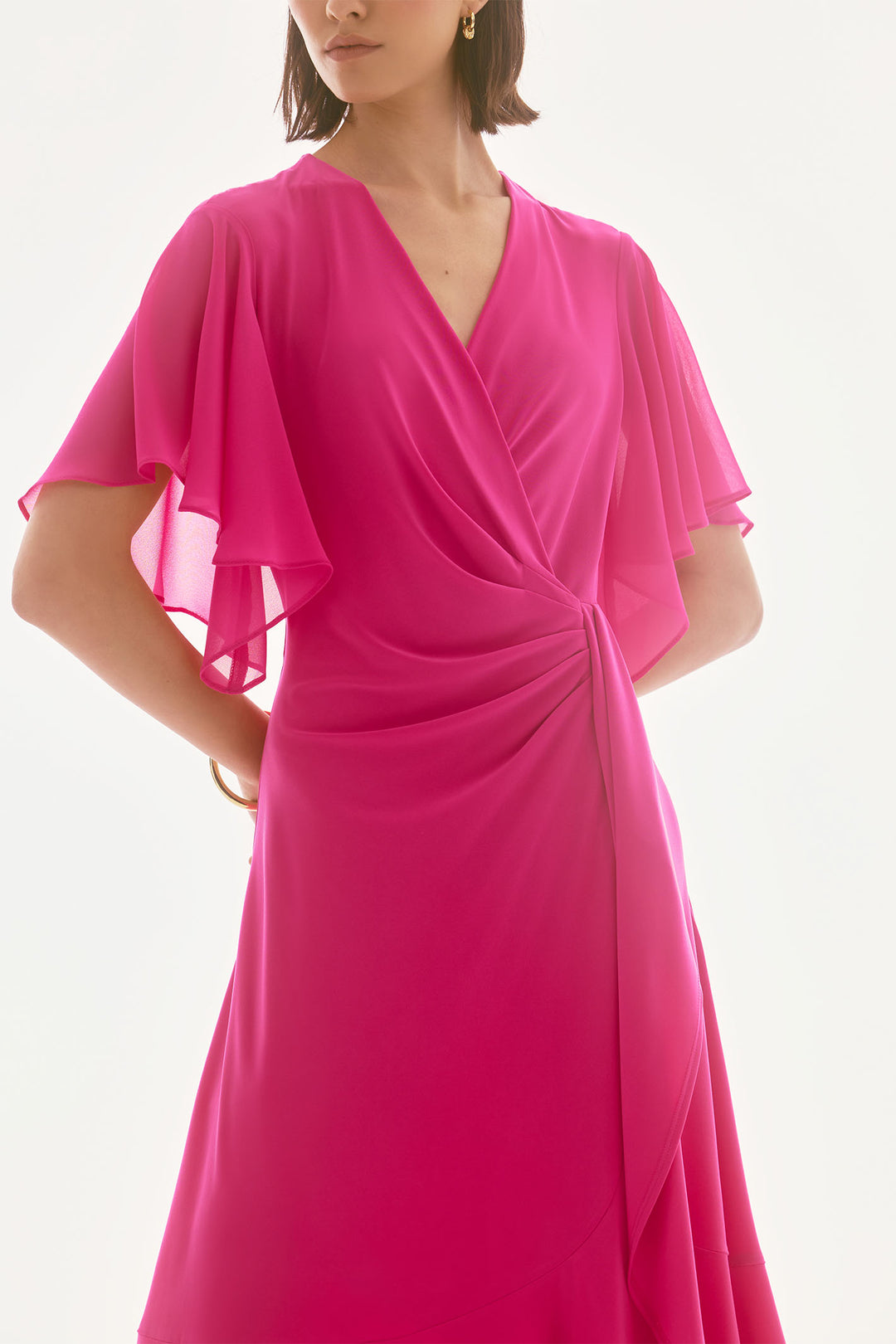 Joseph Ribkoff 251706 Geranium Pink Flutter Sleeve Faux Wrap Dress - Dotique