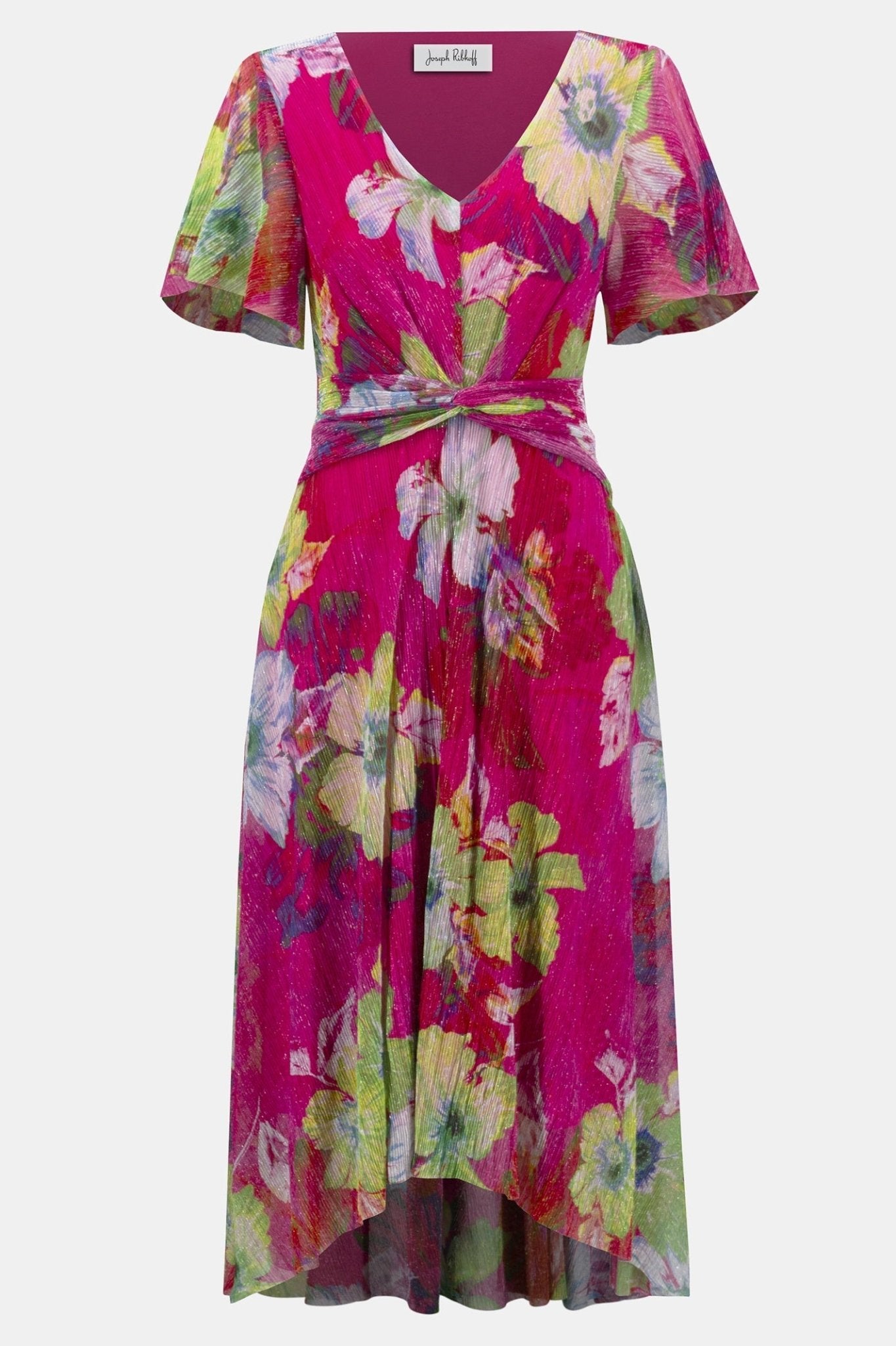 Joseph Ribkoff 252707 Red Multi Crinkle and Mesh Floral Print Fit and Flare Dress - Dotique