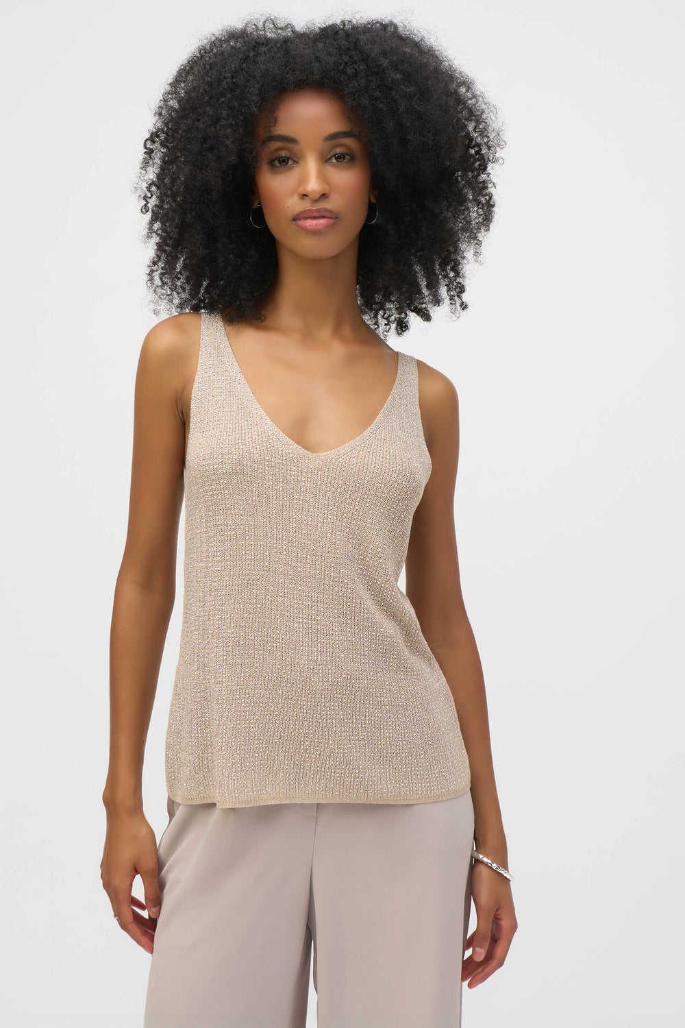 Joseph Ribkoff 252915 Champagne V Neck  Metallic Knitted Camisole with Rhinestones - Dotique