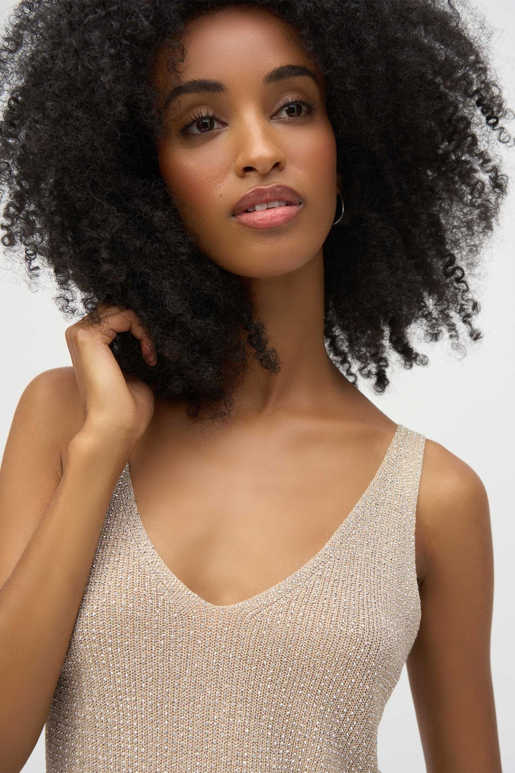 Joseph Ribkoff 252915 Champagne V Neck Metallic Knitted Camisole with Rhinestones - Dotique