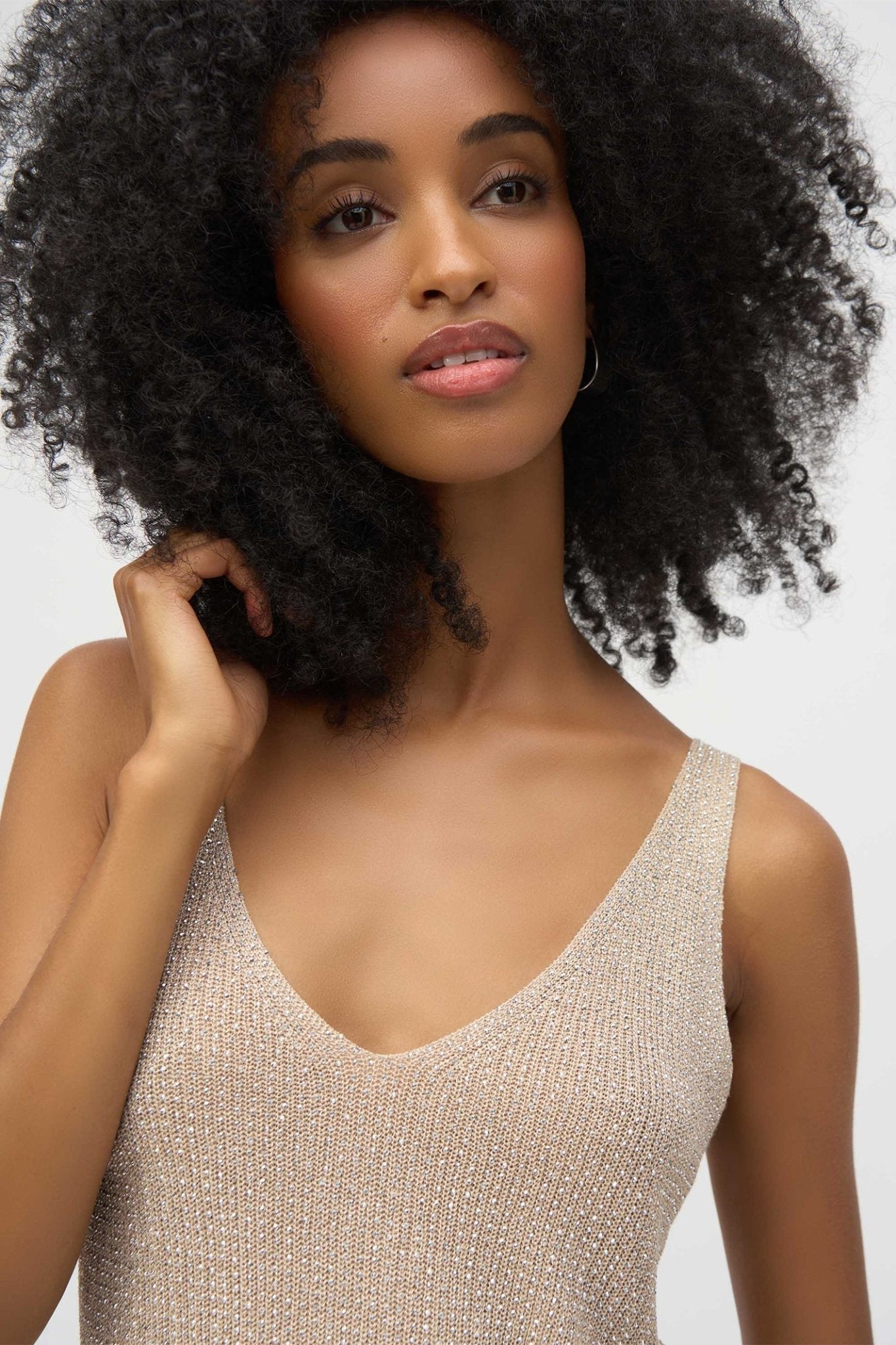 Joseph Ribkoff 252915 Champagne V Neck Metallic Knitted Camisole with Rhinestones - Dotique