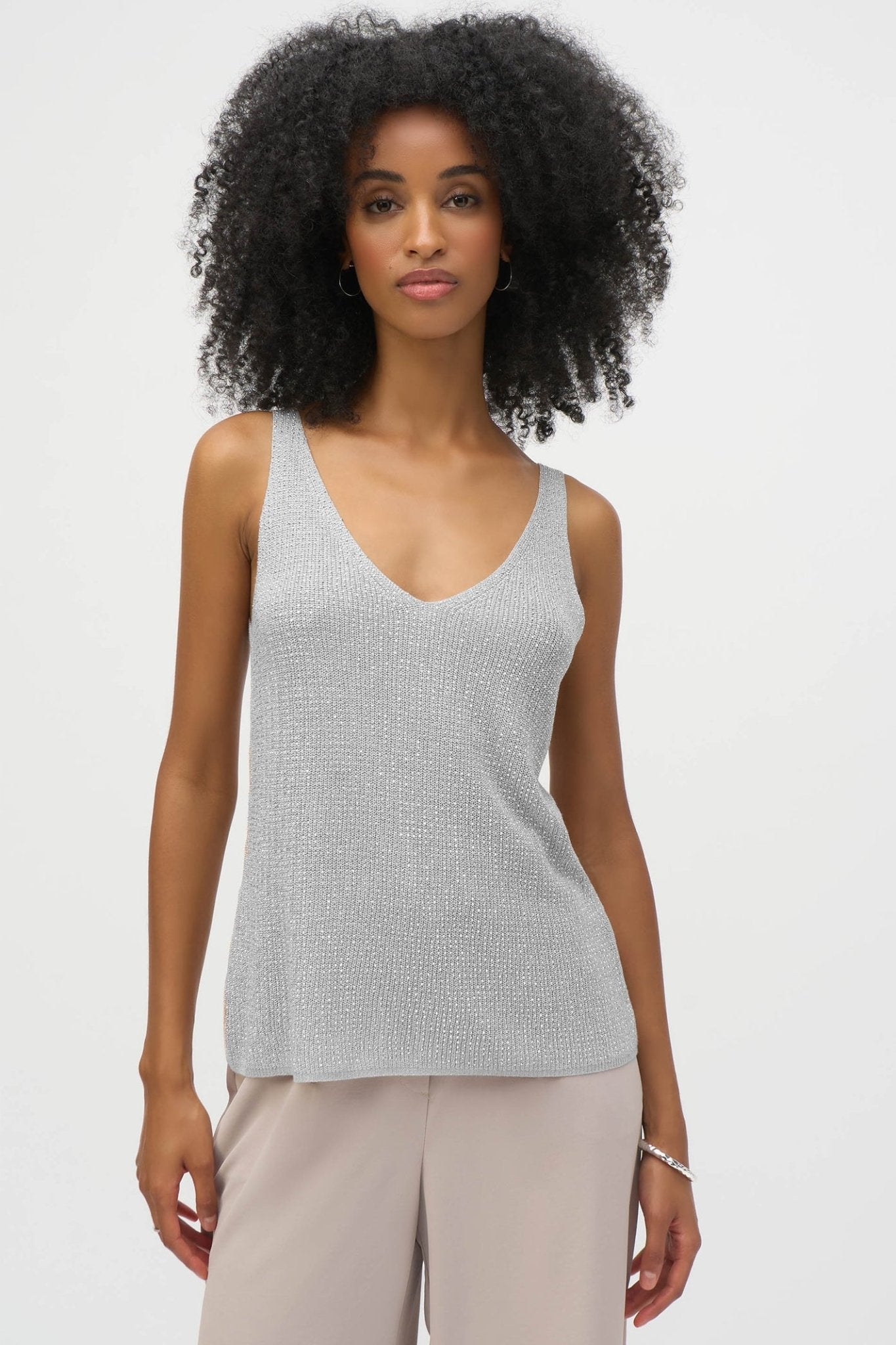 Joseph Ribkoff 252915 Silver V - Neck Metallic Knitted Camisole with Rhinestones - Dotique