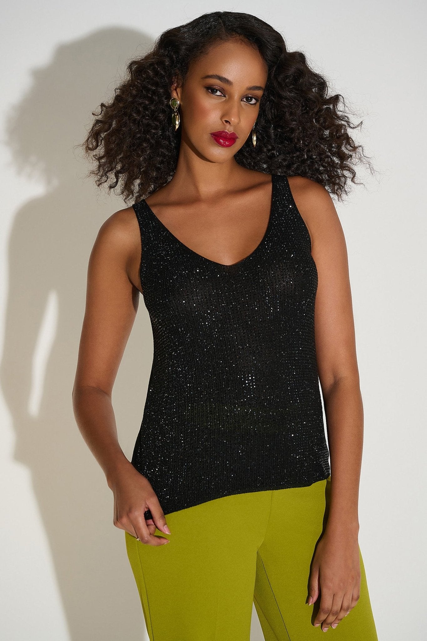 Joseph Ribkoff 252915F25 Black V - Neck Metallic Knitted Camisole with Rhinestones - Dotique - Joseph Ribkoff