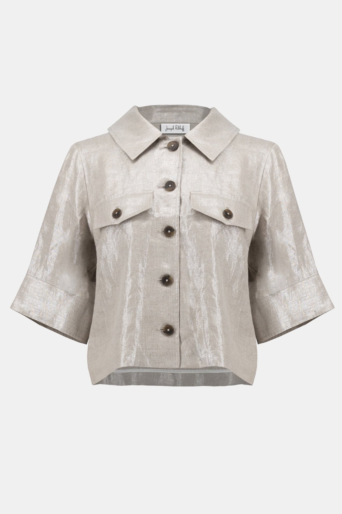 Joseph Ribkoff 252921 Champagne Foiled Linen Blend Short Sleeve Boxy Jacket - Dotique - Joseph Ribkoff