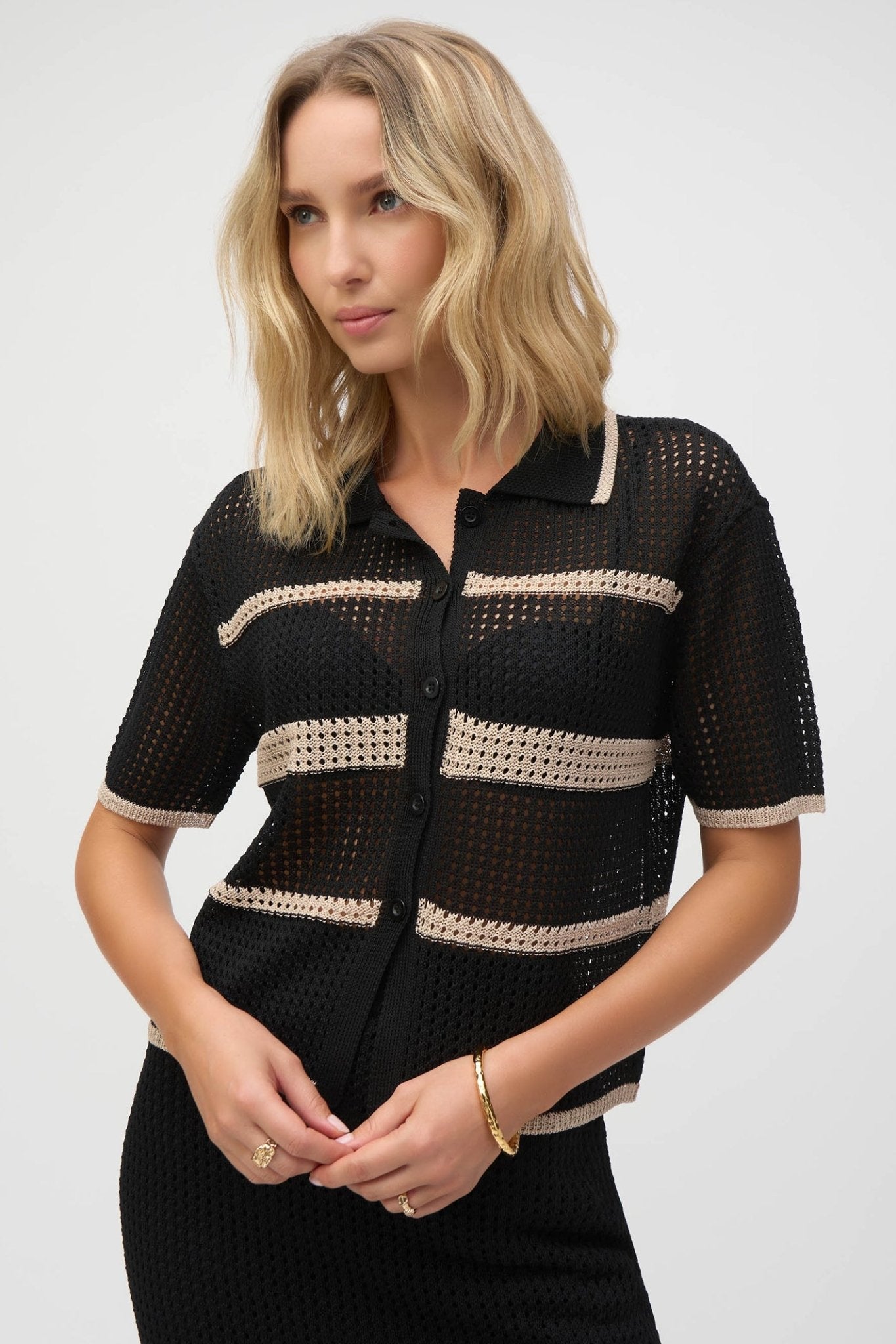 Joseph Ribkoff 252924 Black and Parchment Knitted Short Sleeve Top - Dotique