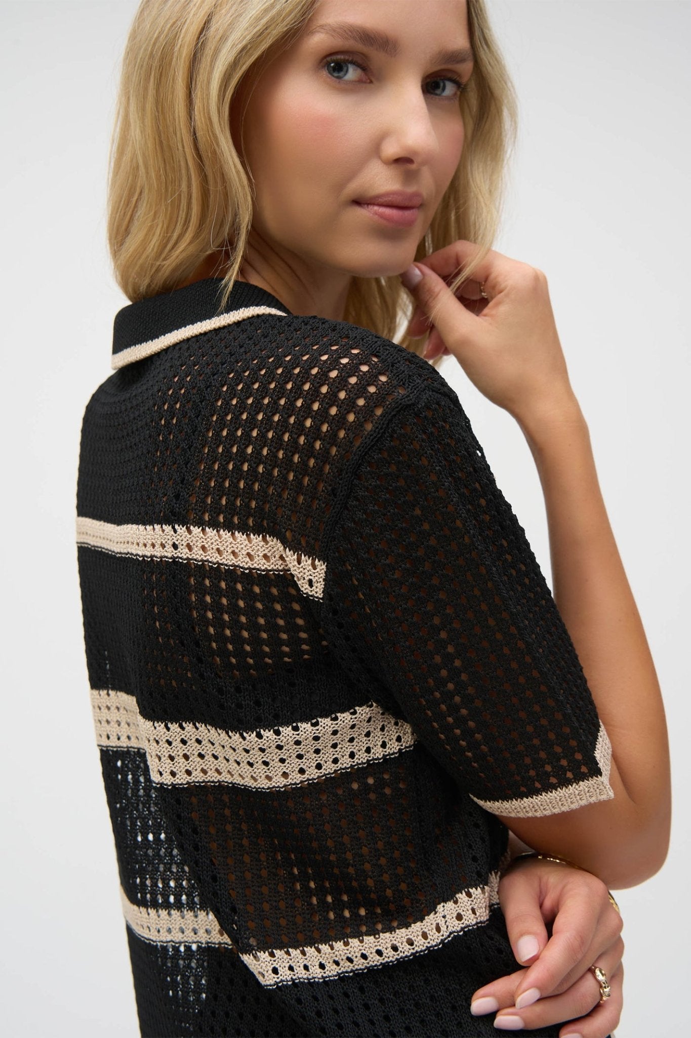 Joseph Ribkoff 252924 Black and Parchment Knitted Short Sleeve Top - Dotique