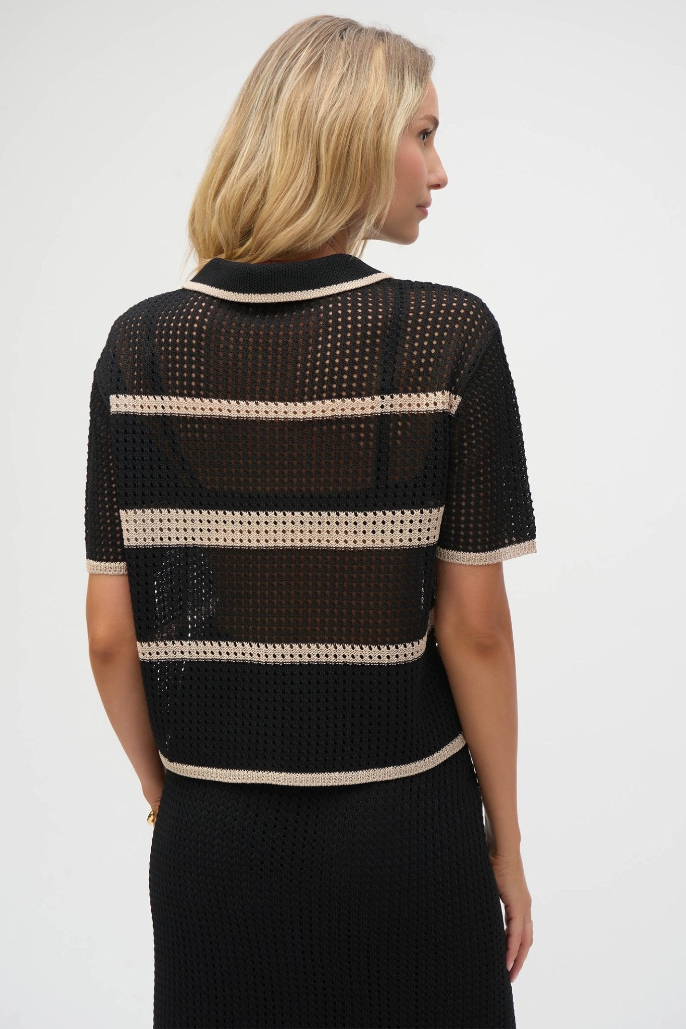 Joseph Ribkoff 252924 Black and Parchment Knitted Short Sleeve Top - Dotique