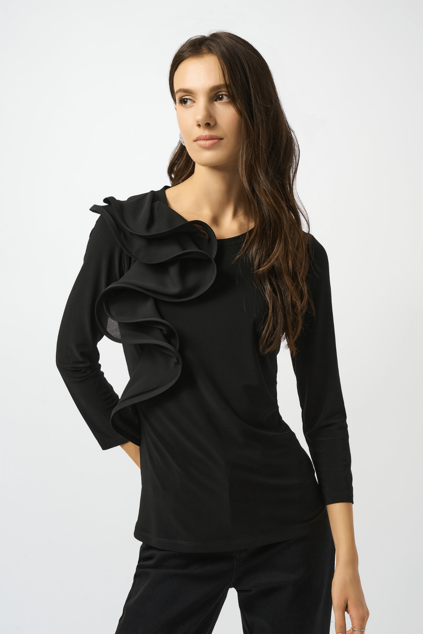 Joseph Ribkoff black silky knit top with georgette ruffle detail – Dotique